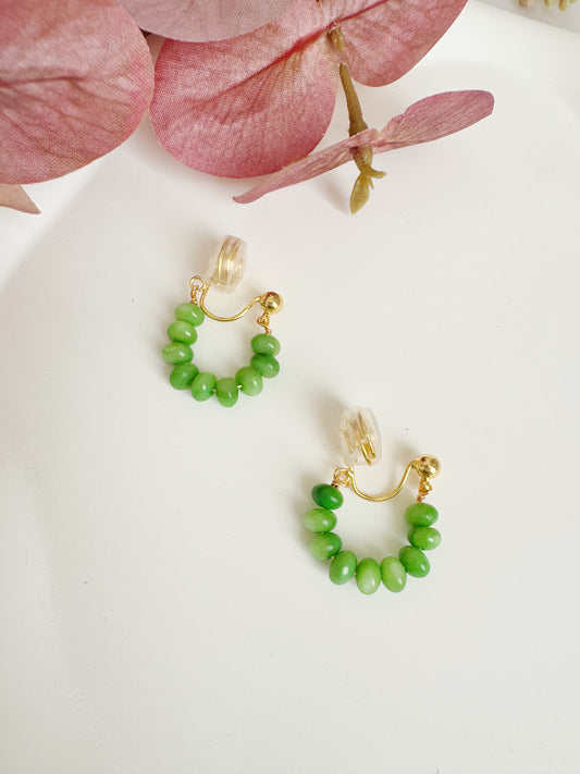 Green beaded hoop clip on earrings for non-pierced ears