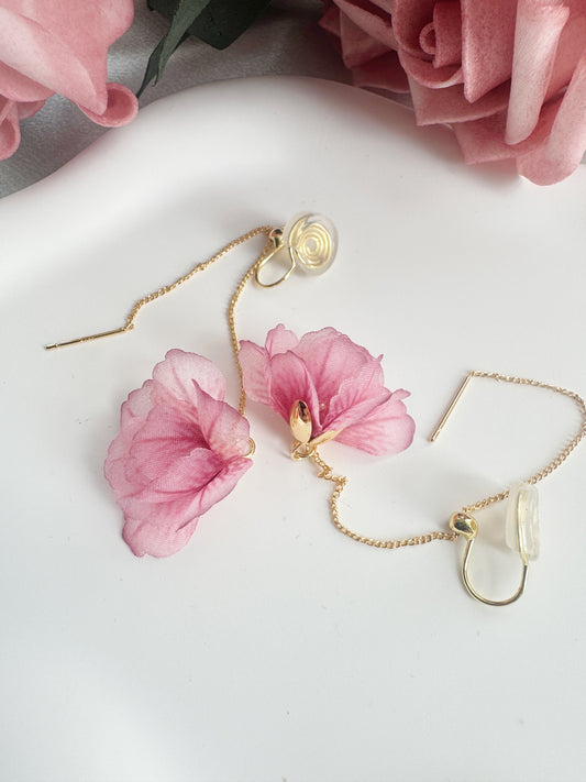 Pink flower clip on earrings for non-pierced ears