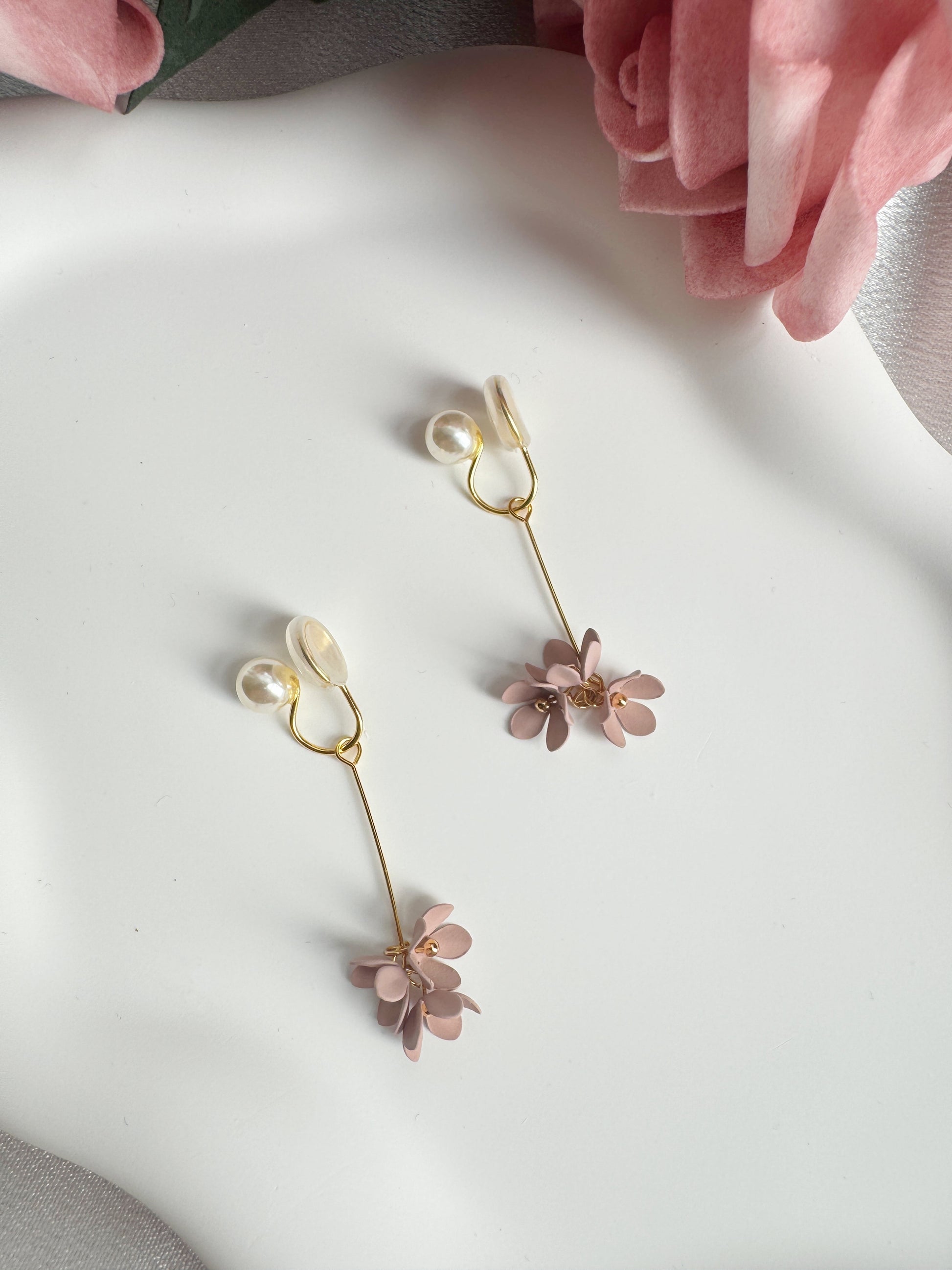 Pink flower and pearl clip on earrings for non-pierced ears