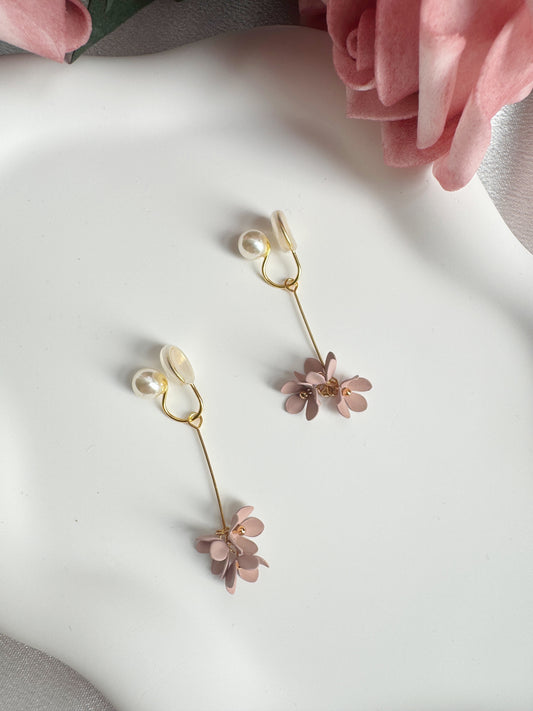 Pink flower and pearl clip on earrings for non-pierced ears