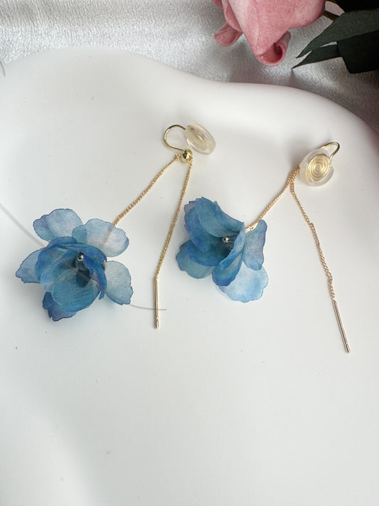 Blue flower clip on earrings for non-pierced ears