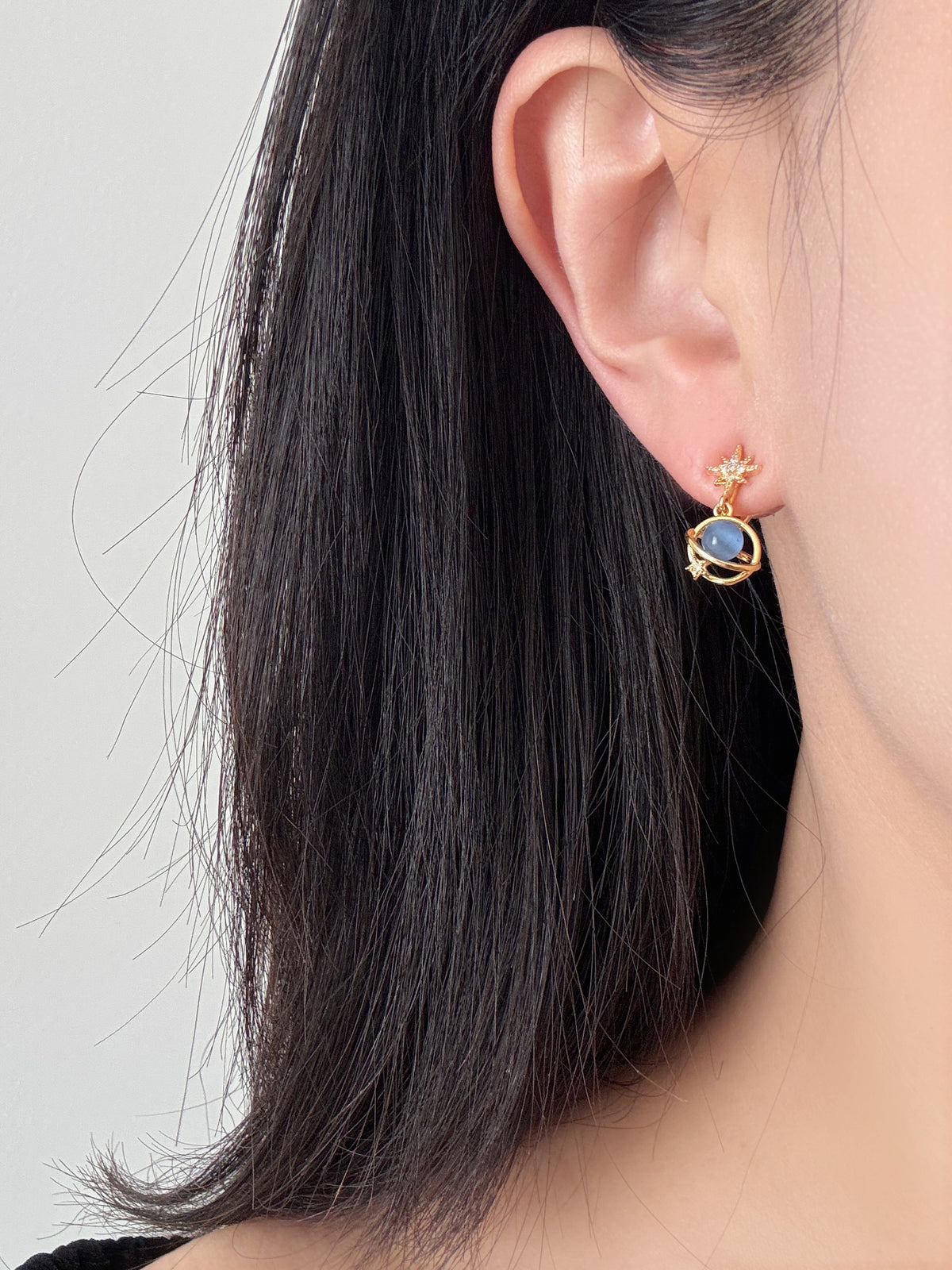 gold crescent moon and star dangle clip on earring