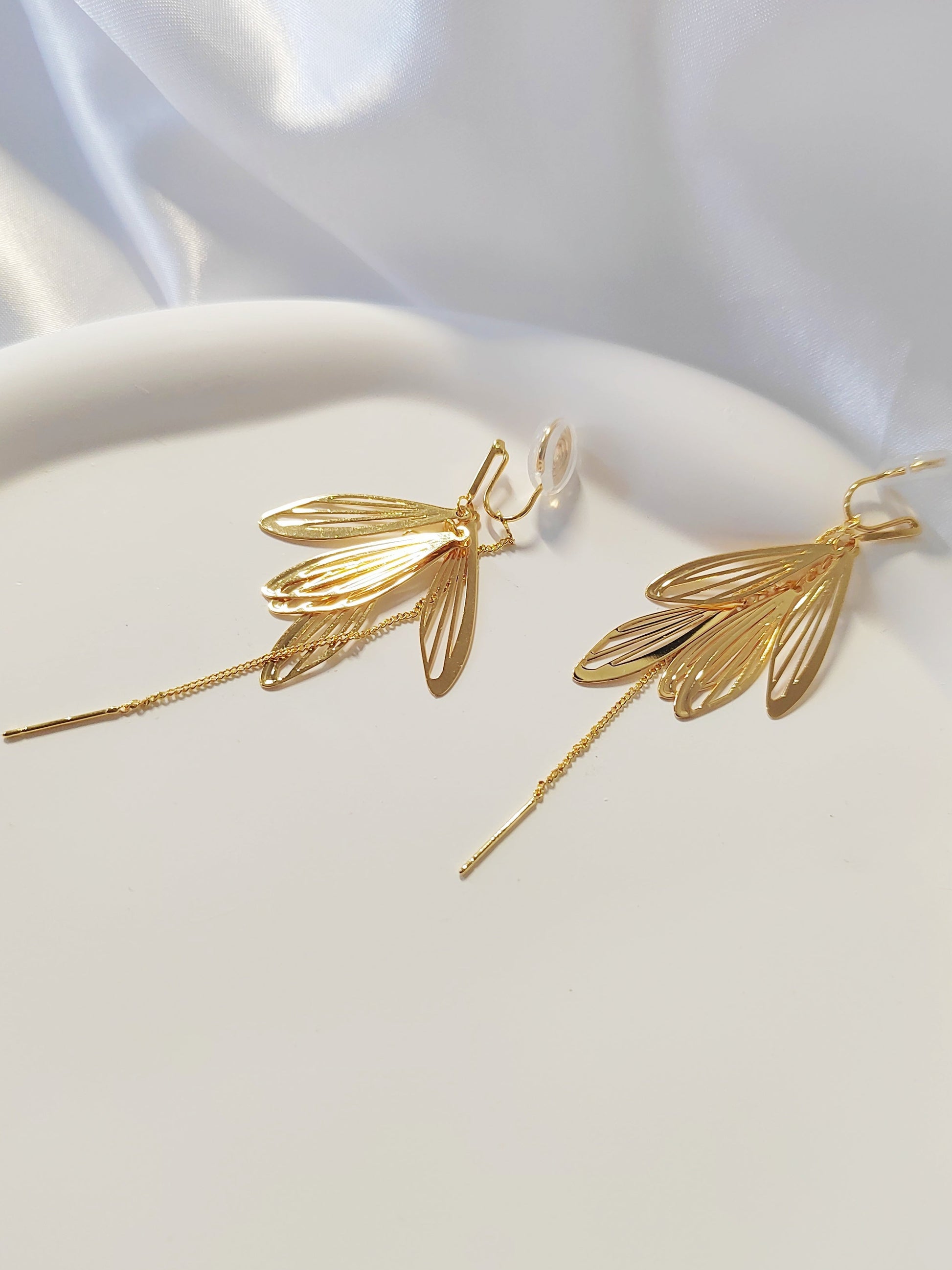gold leaf tassel clip-on earrings for non-pierced ears