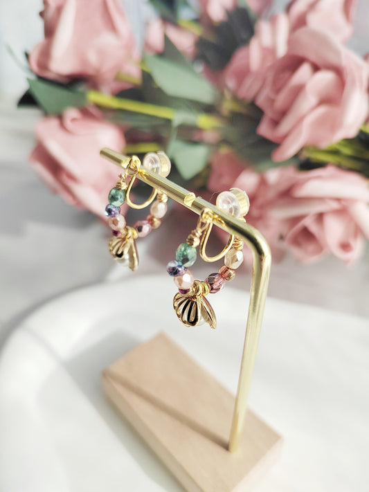 Rainbow Beads Clip-On Earrings-Gold Shell Non-Pierced Ear Clips