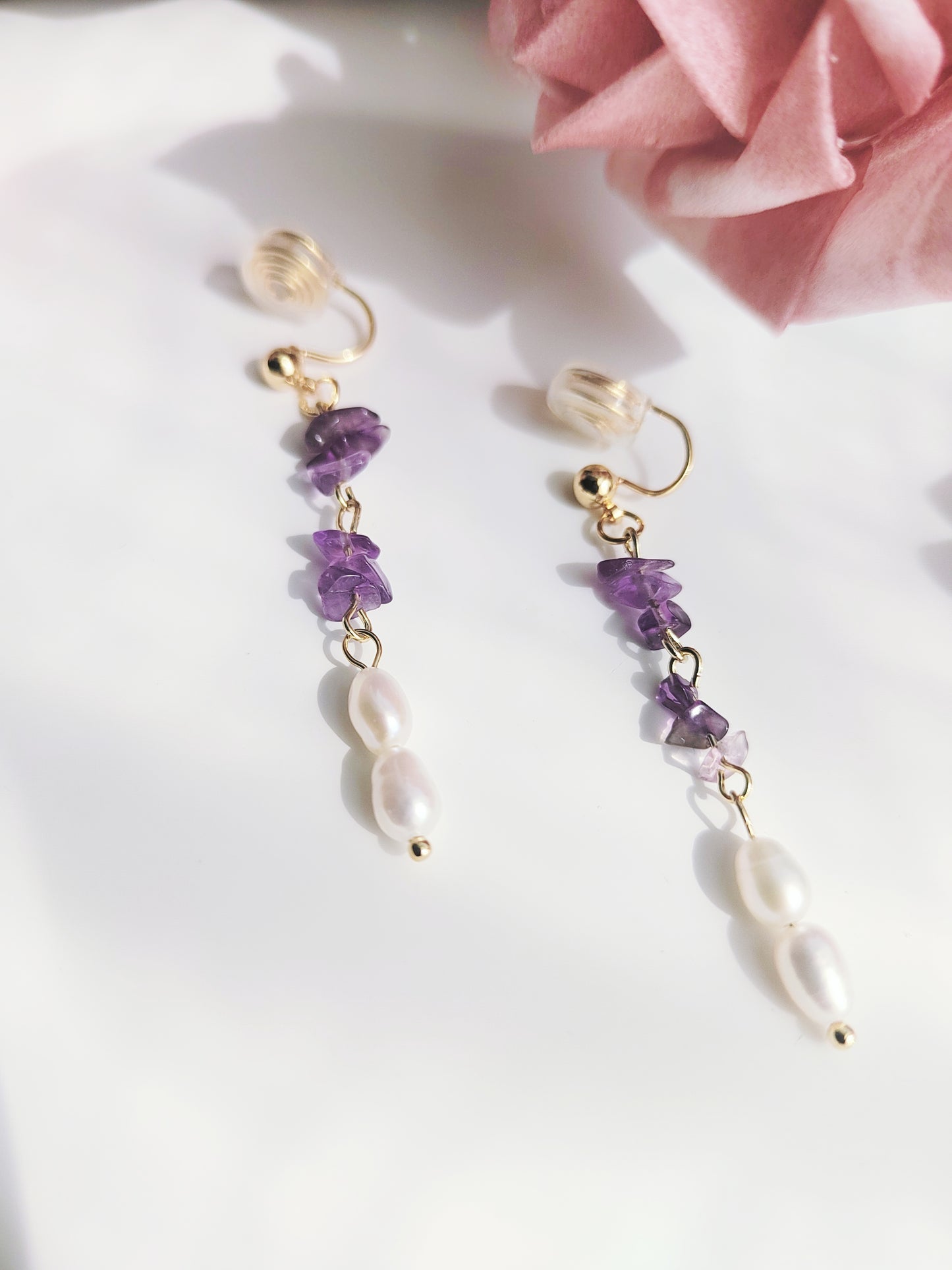 Amethyst & Freshwater Pearl Clip-On Earrings – Non-Pierced Ear Clips