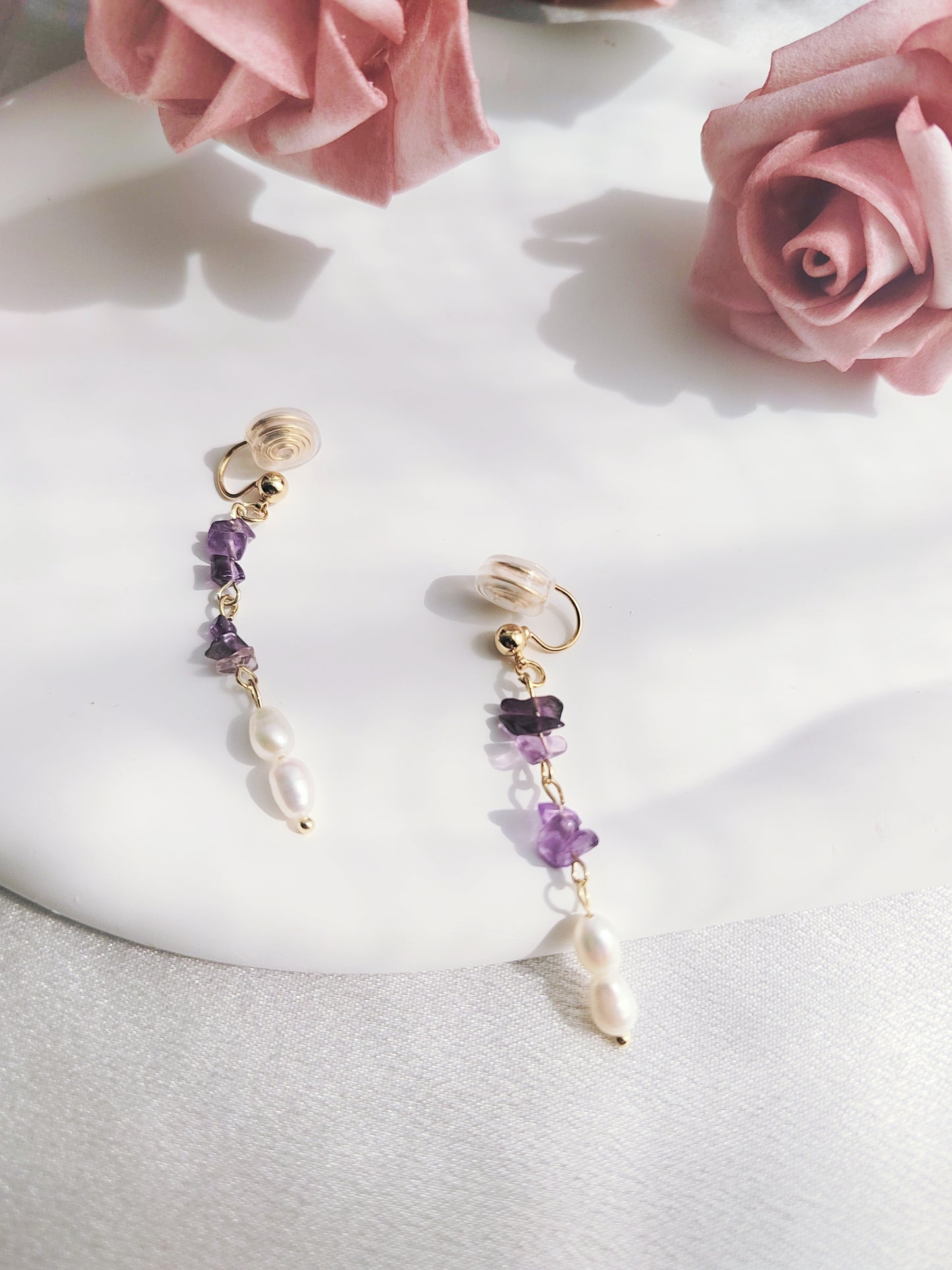 Amethyst & Freshwater Pearl Clip-On Earrings – Non-Pierced Ear Clips