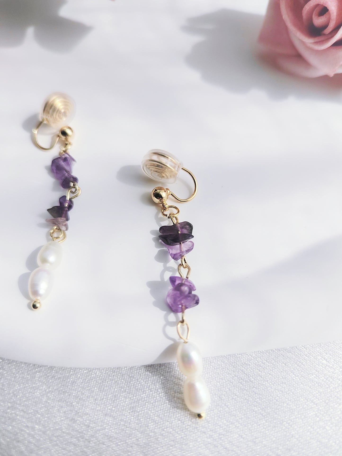 Amethyst & Freshwater Pearl Clip-On Earrings – Non-Pierced Ear Clips