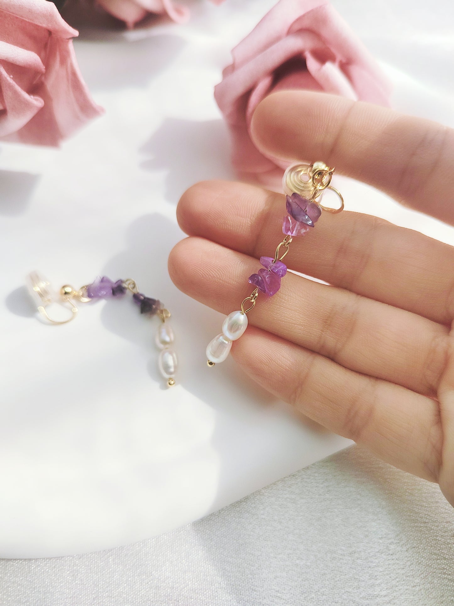Amethyst & Freshwater Pearl Clip-On Earrings – Non-Pierced Ear Clips