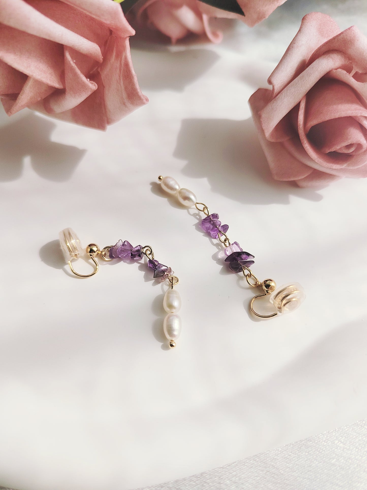 Amethyst & Freshwater Pearl Clip-On Earrings – Non-Pierced Ear Clips
