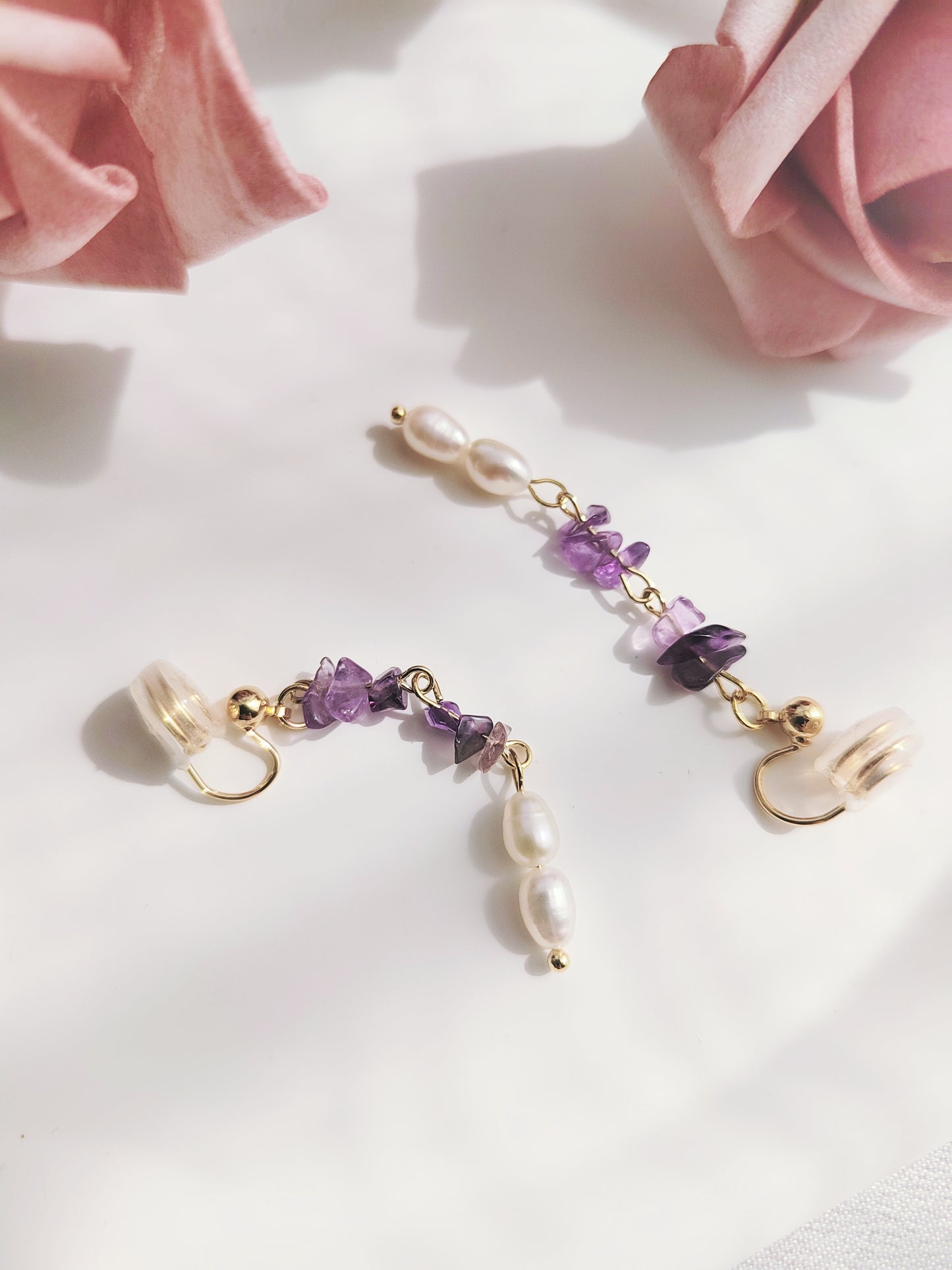 Amethyst & Freshwater Pearl Clip-On Earrings – Non-Pierced Ear Clips