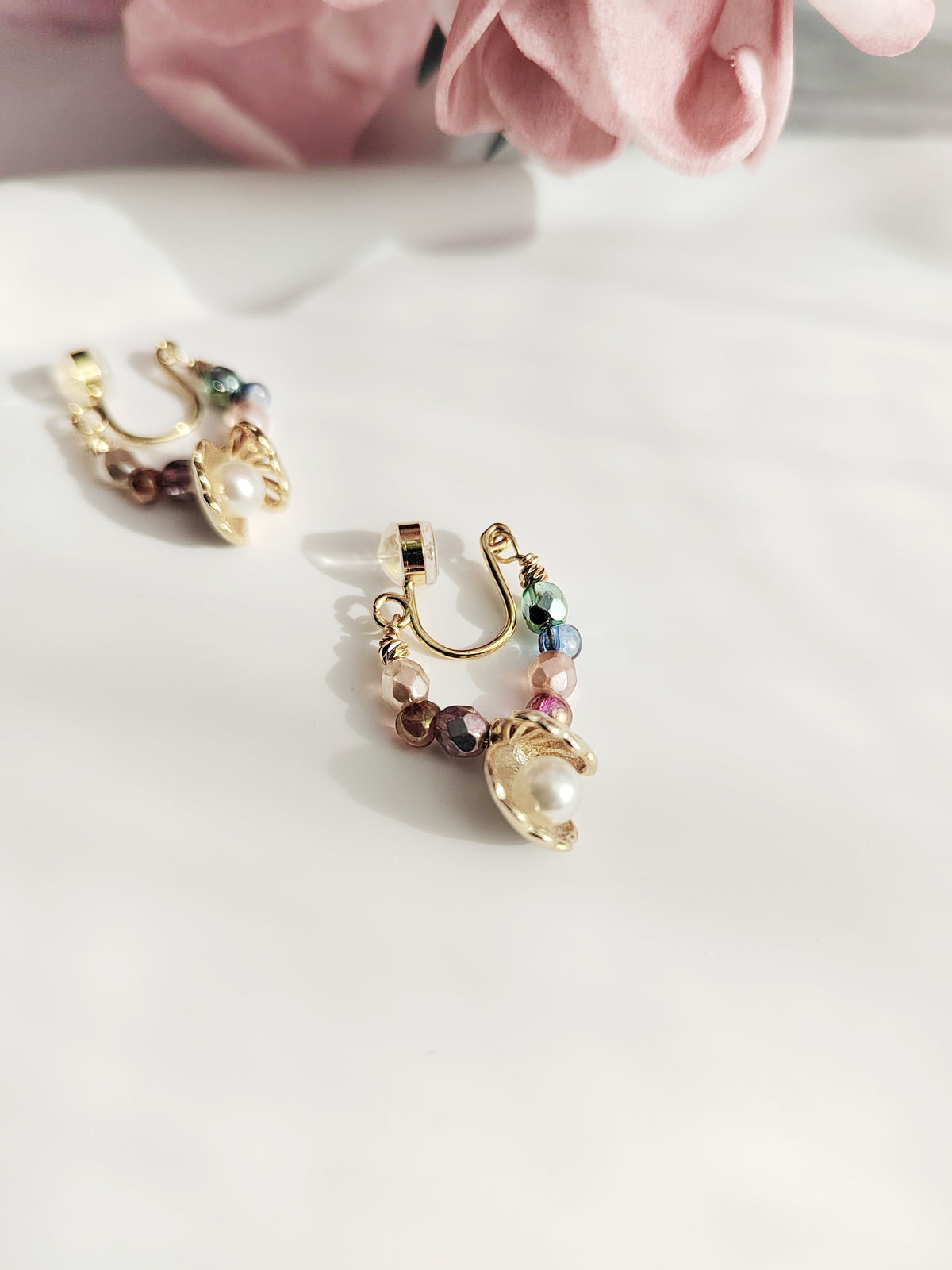 Rainbow Beads Clip-On Earrings-Gold Shell Non-Pierced Ear Clips
