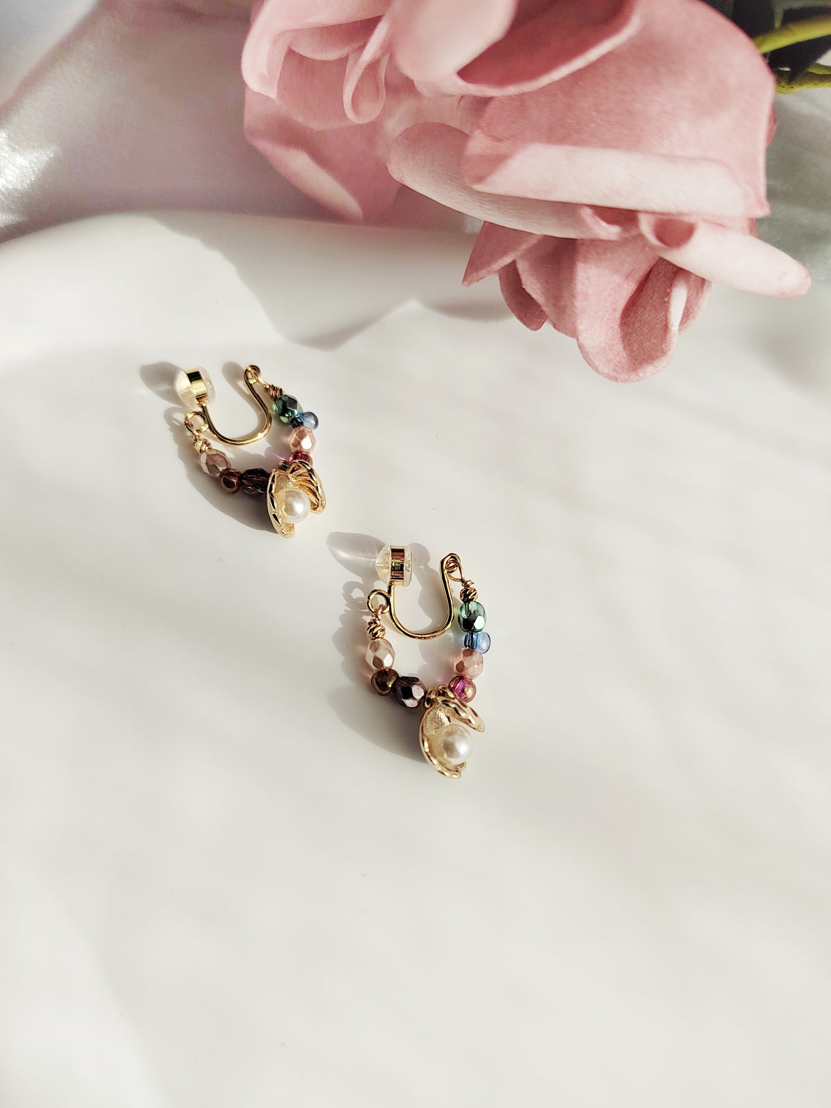 Rainbow Beads Clip-On Earrings-Gold Shell Non-Pierced Ear Clips