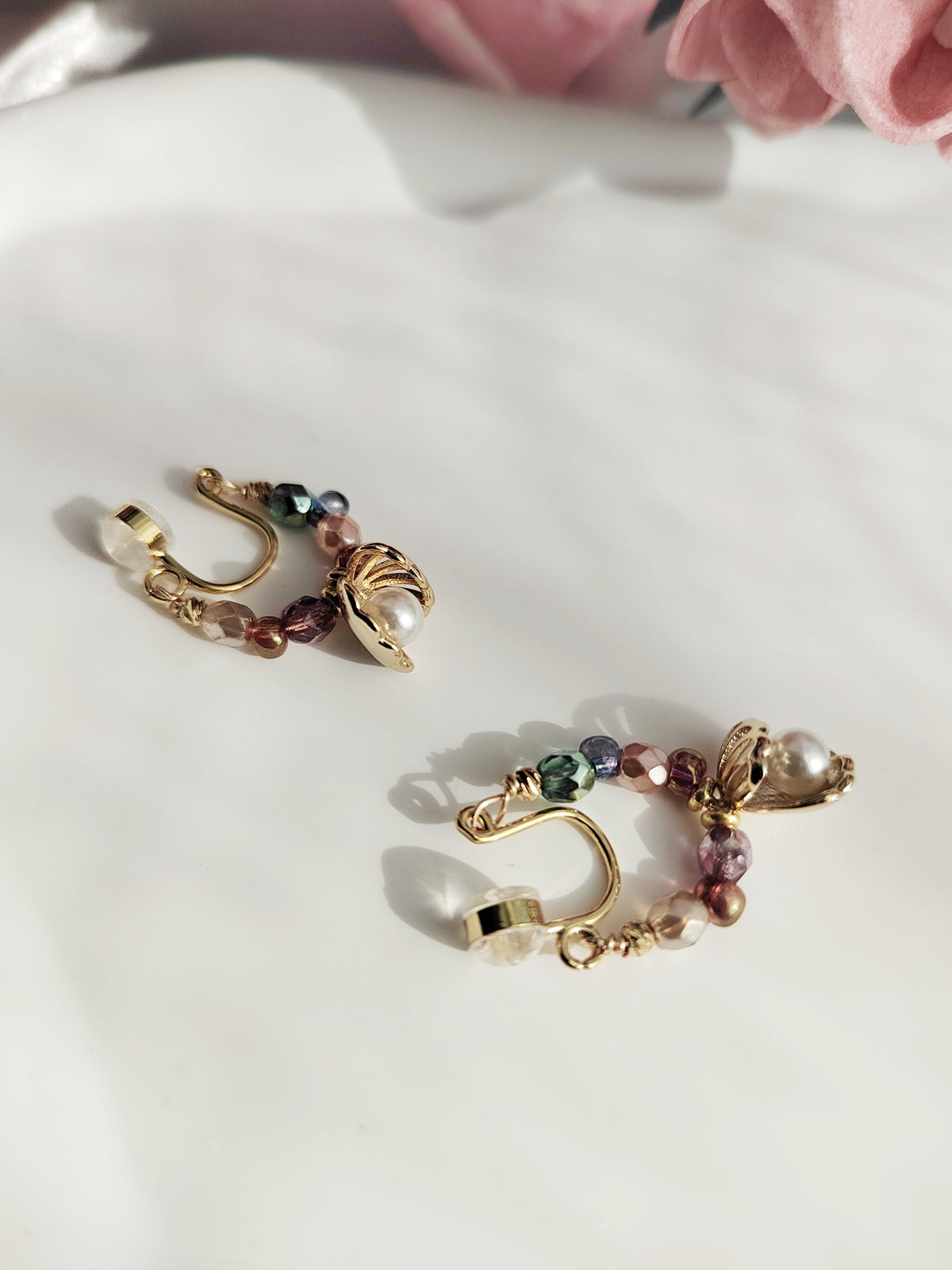 Rainbow Beads Clip-On Earrings-Gold Shell Non-Pierced Ear Clips