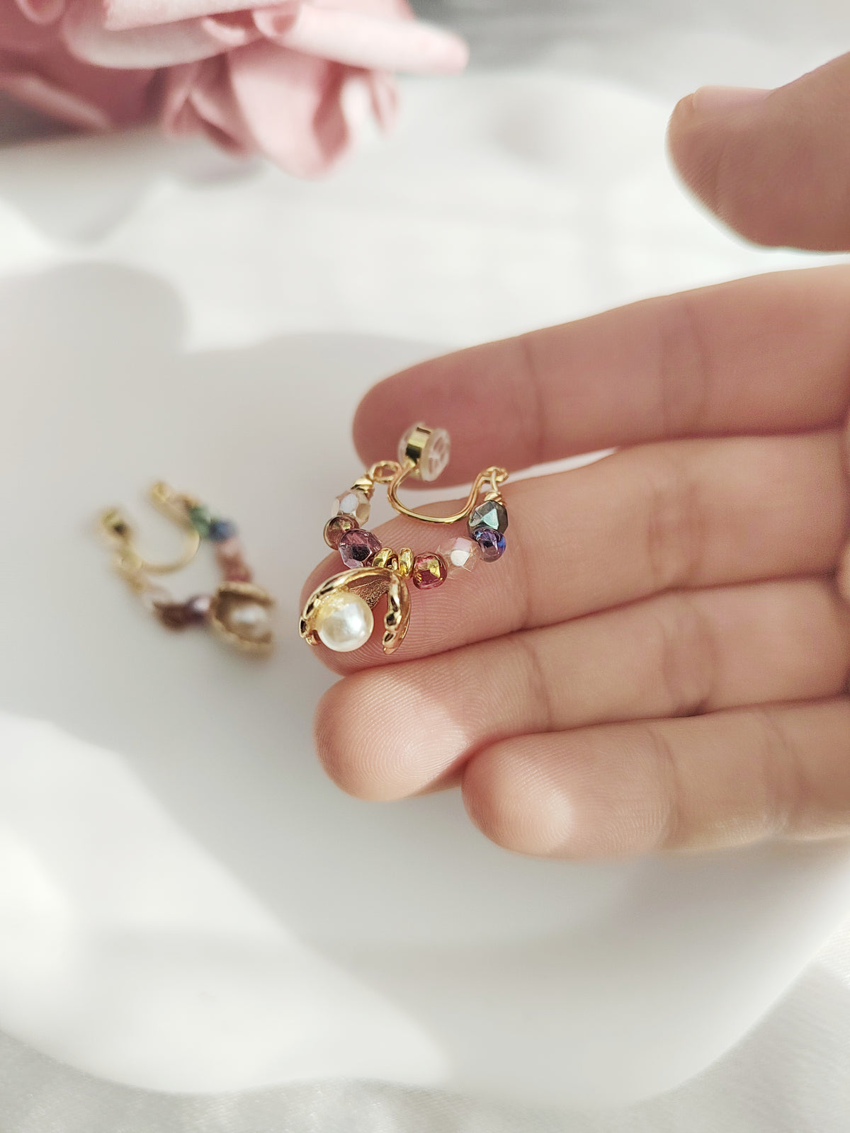 Rainbow Beads Clip-On Earrings-Gold Shell Non-Pierced Ear Clips