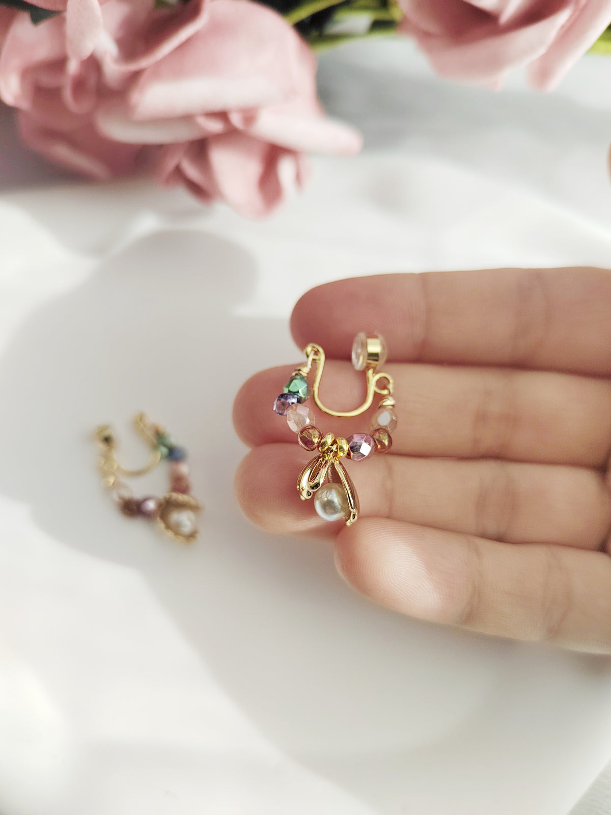 Rainbow Beads Clip-On Earrings-Gold Shell Non-Pierced Ear Clips