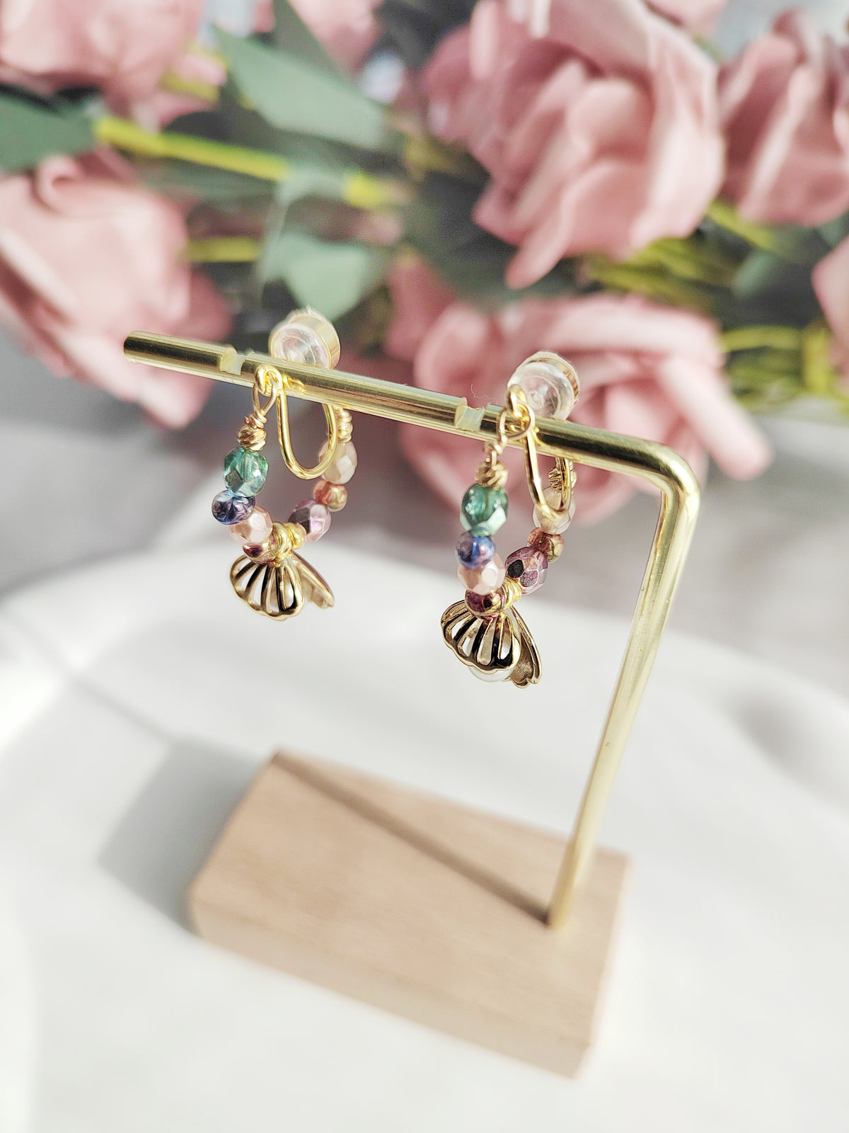 Rainbow Beads Clip-On Earrings-Gold Shell Non-Pierced Ear Clips
