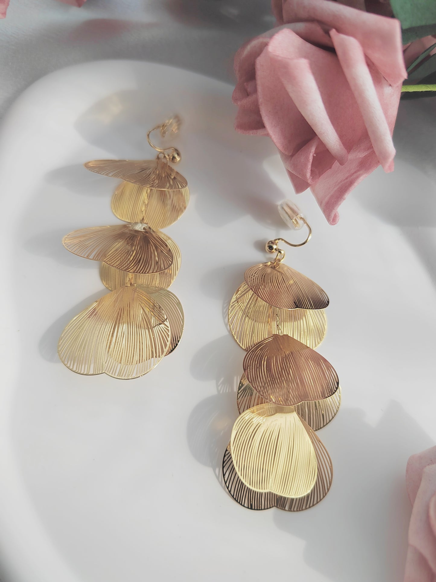 Gold Heart Leaf Tassel Clip-On Earrings – Non-Pierced Ear Clips