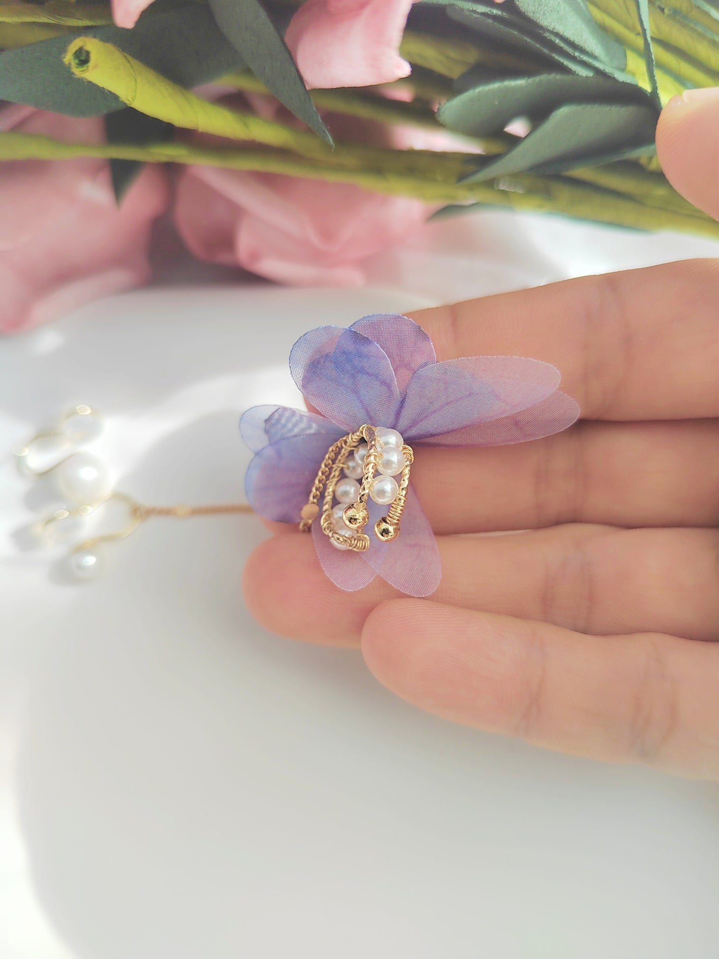 Mismatched Purple Butterfly Clip-On Earrings – Freshwater Pearl Non-Pierced Ear Clips
