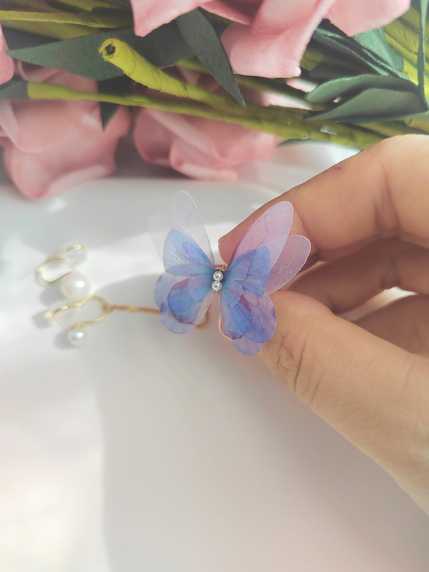 Mismatched Purple Butterfly Clip-On Earrings – Freshwater Pearl Non-Pierced Ear Clips