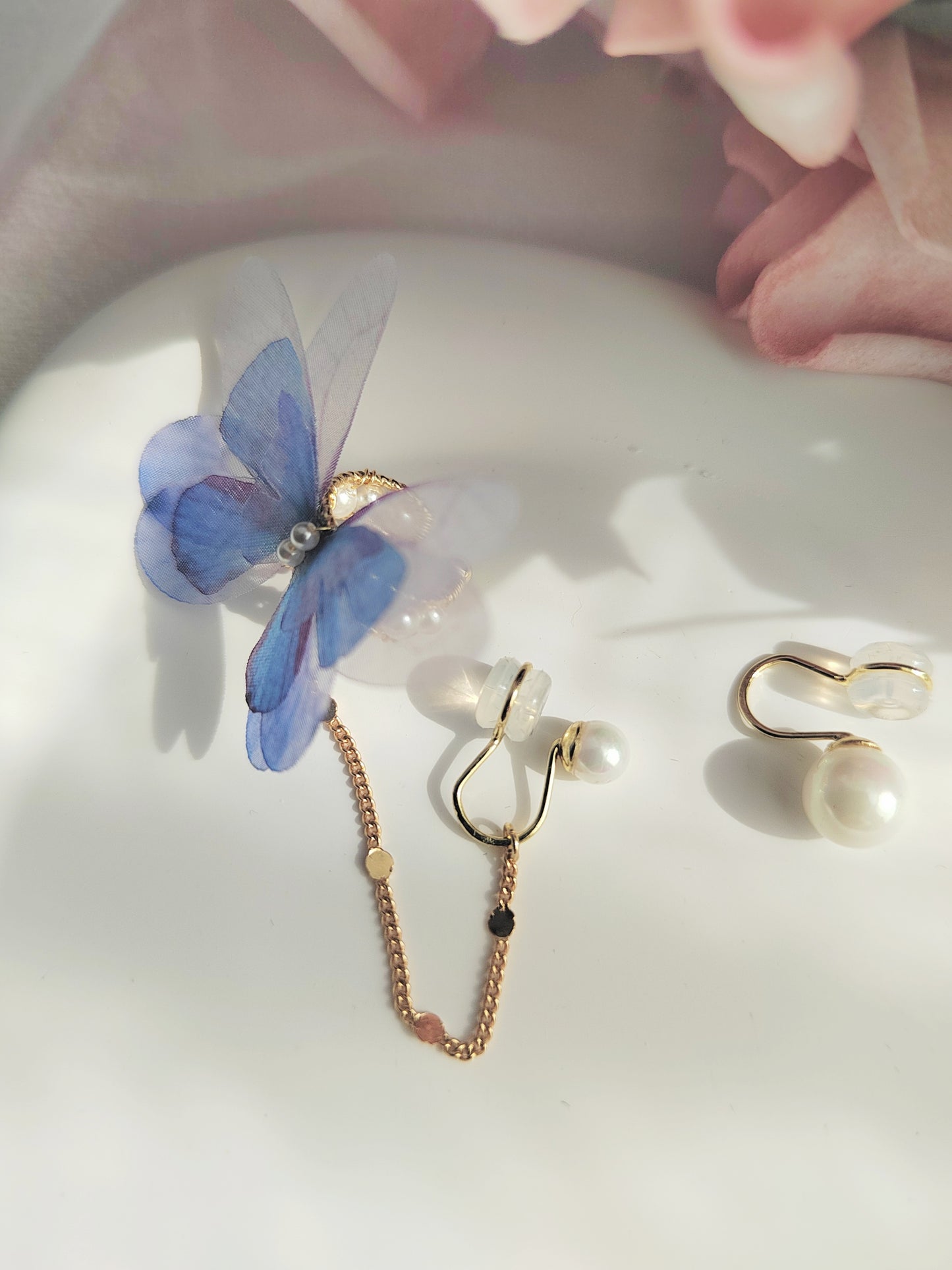 Mismatched Purple Butterfly Clip-On Earrings – Freshwater Pearl Non-Pierced Ear Clips