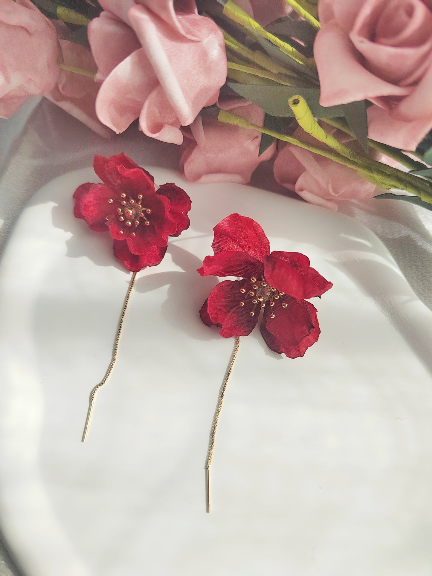 Red Flowers Clip-On Earrings – Red Floral Non-Pierced Ear Clips