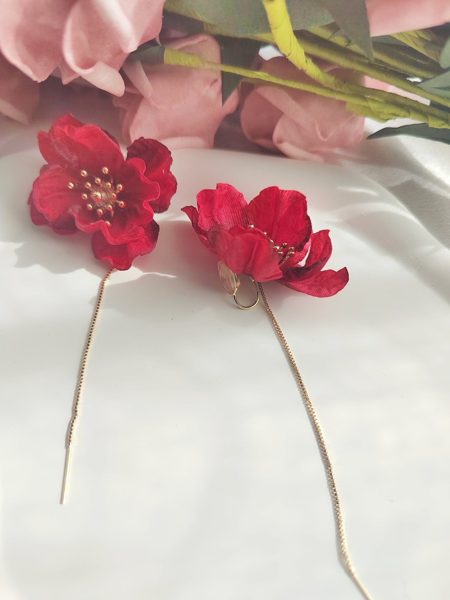 Red Flowers Clip-On Earrings – Red Floral Non-Pierced Ear Clips