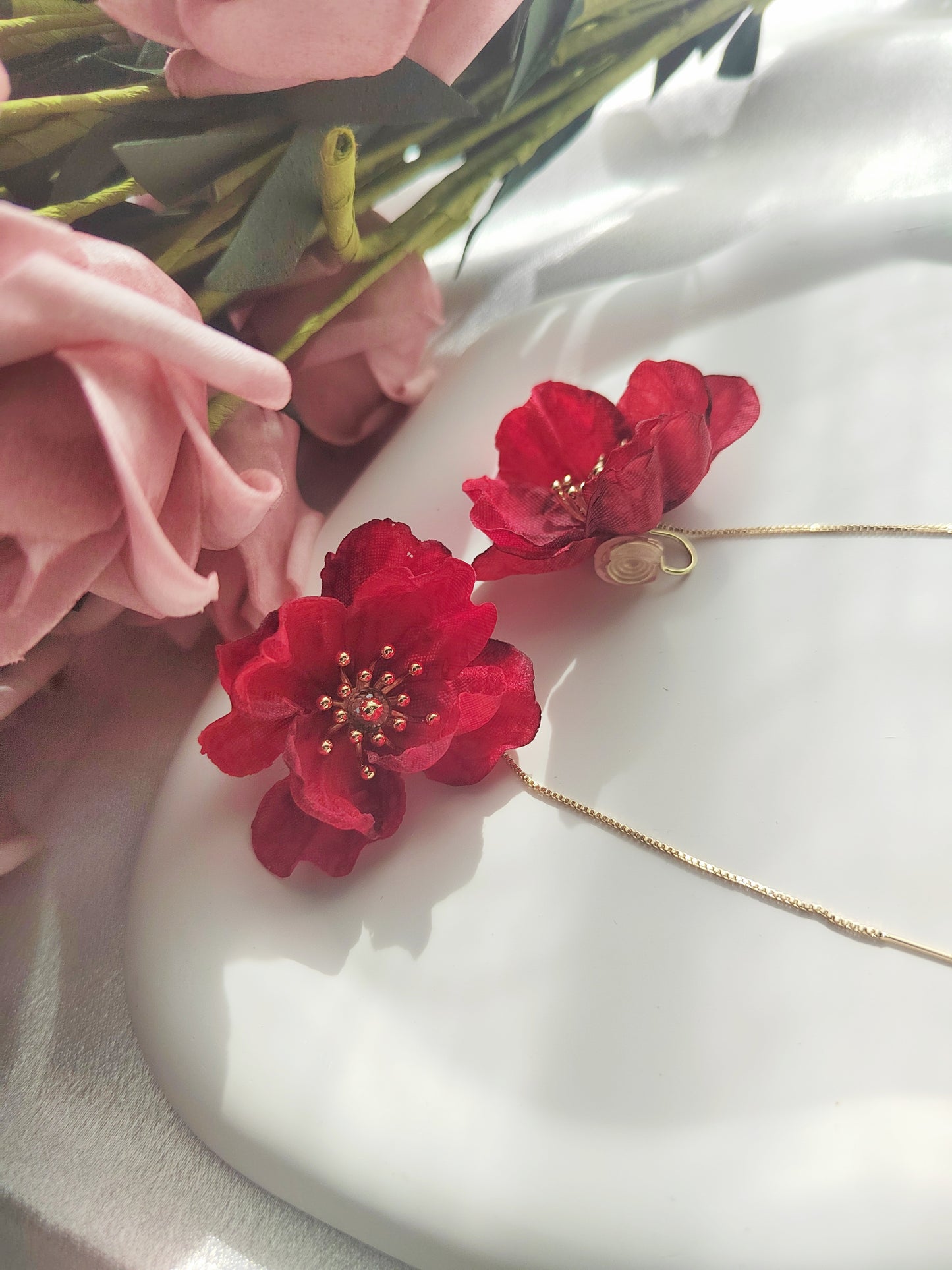 Red Flowers Clip-On Earrings – Red Floral Non-Pierced Ear Clips