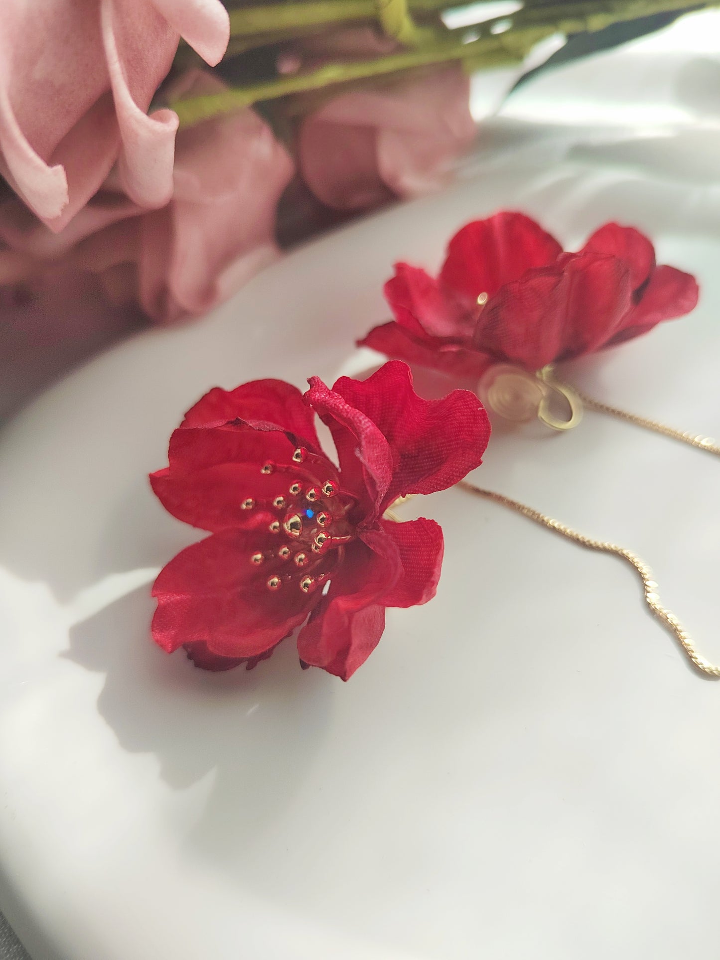 Red Flowers Clip-On Earrings – Red Floral Non-Pierced Ear Clips
