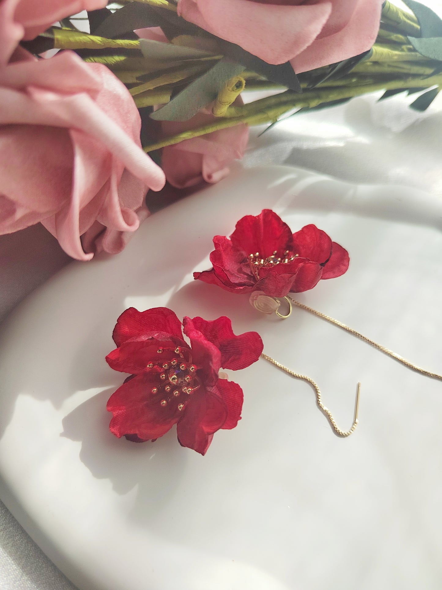 Red Flowers Clip-On Earrings – Red Floral Non-Pierced Ear Clips