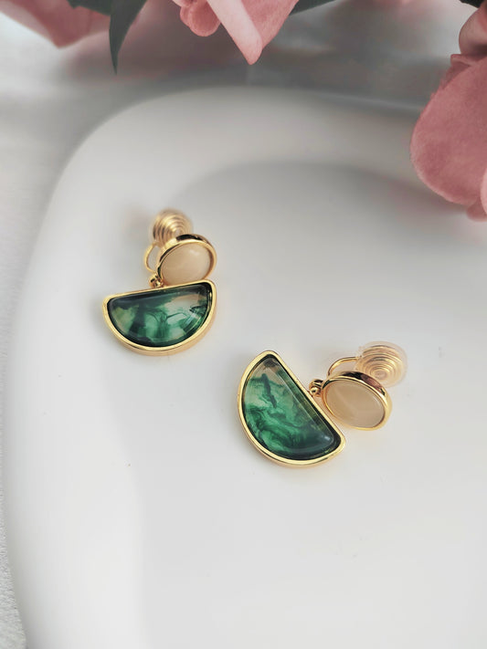 Green Geometric Clip-On Earrings – Non-Pierced Ear Clips
