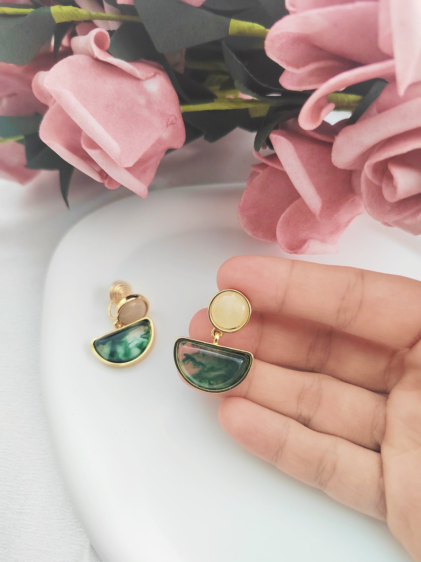 Green Geometric Clip-On Earrings – Non-Pierced Ear Clips