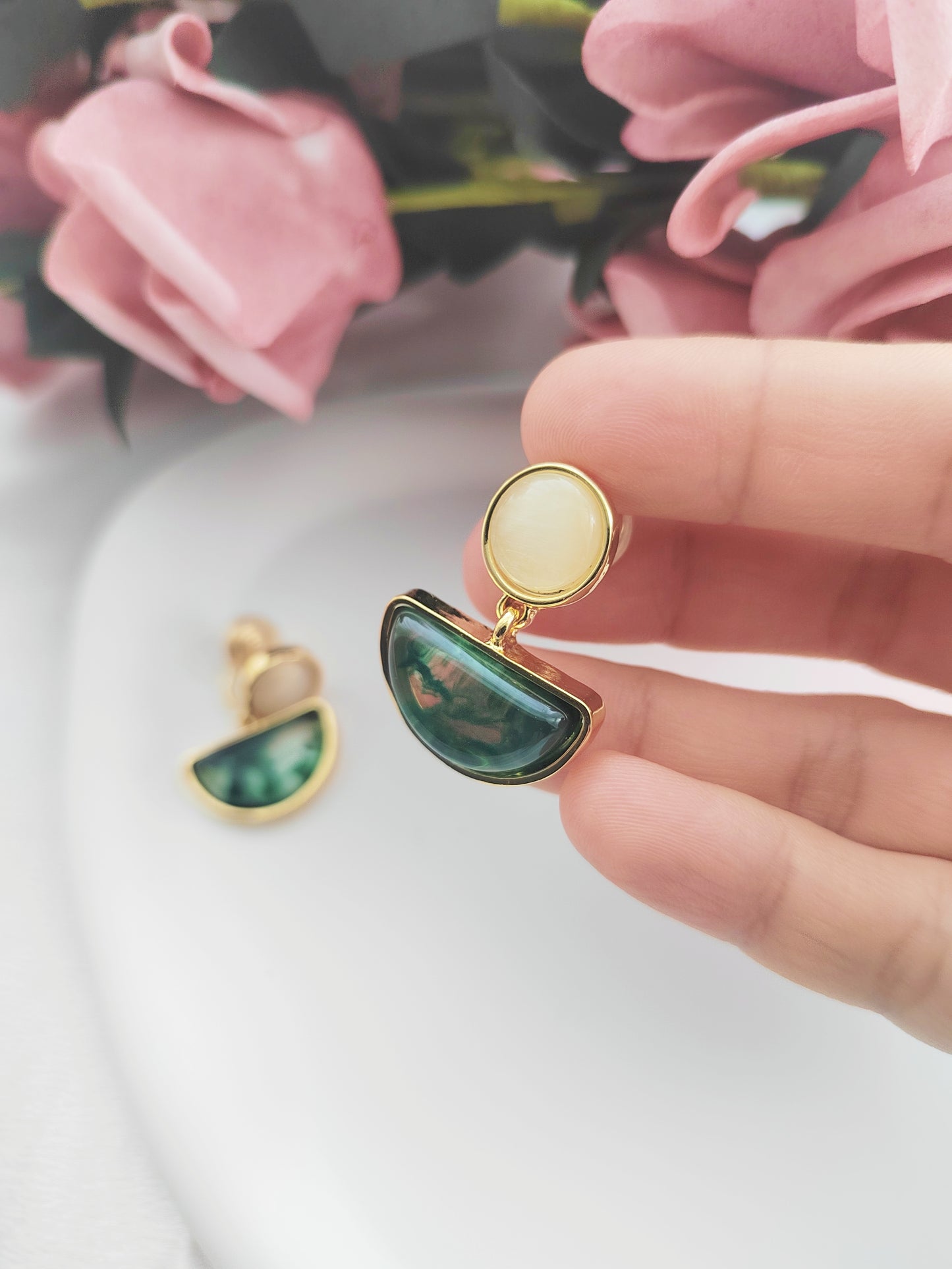 Green Geometric Clip-On Earrings – Non-Pierced Ear Clips