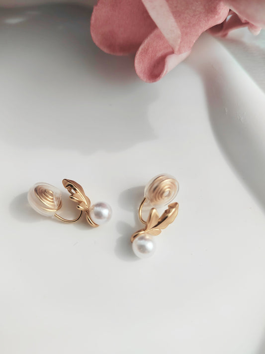 Gold Leaf Pearl Clip-On Earrings-Non-Pierced Ear Clips