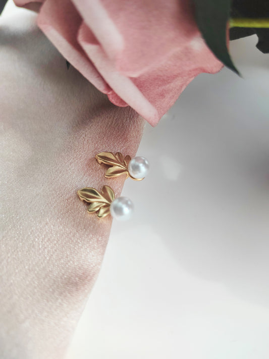 Gold Leaf Pearl Clip-On Earrings-Non-Pierced Ear Clips
