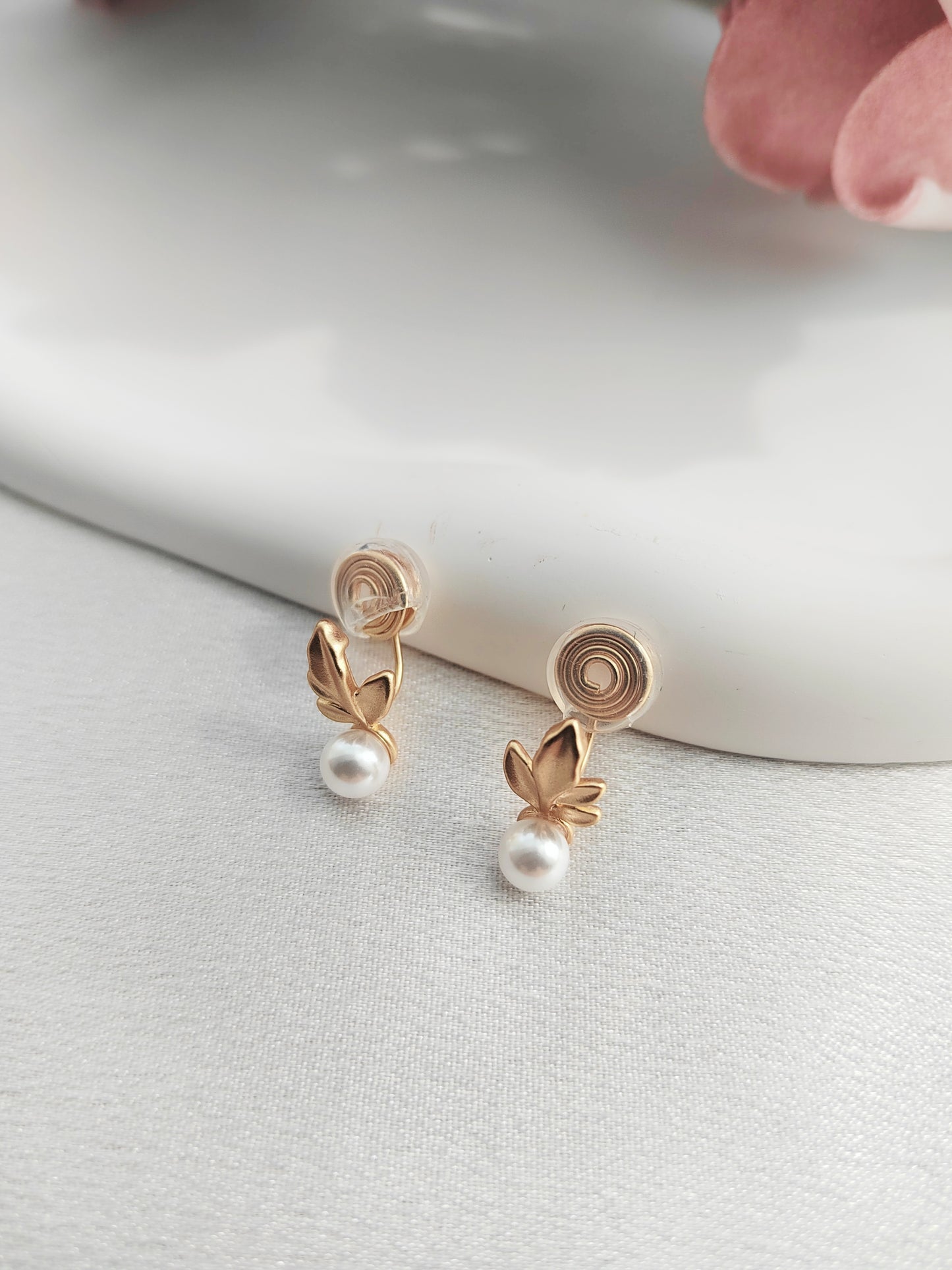 Gold Leaf Pearl Clip-On Earrings-Non-Pierced Ear Clips