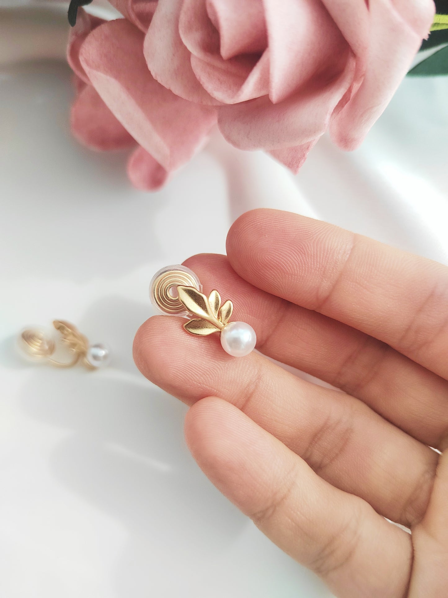 Gold Leaf Pearl Clip-On Earrings-Non-Pierced Ear Clips