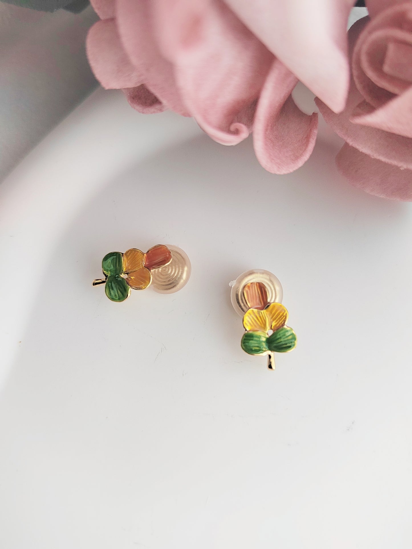 Colourful Enamel Leaf Clip-On Earrings –Stud Non-Pierced Ear Clips