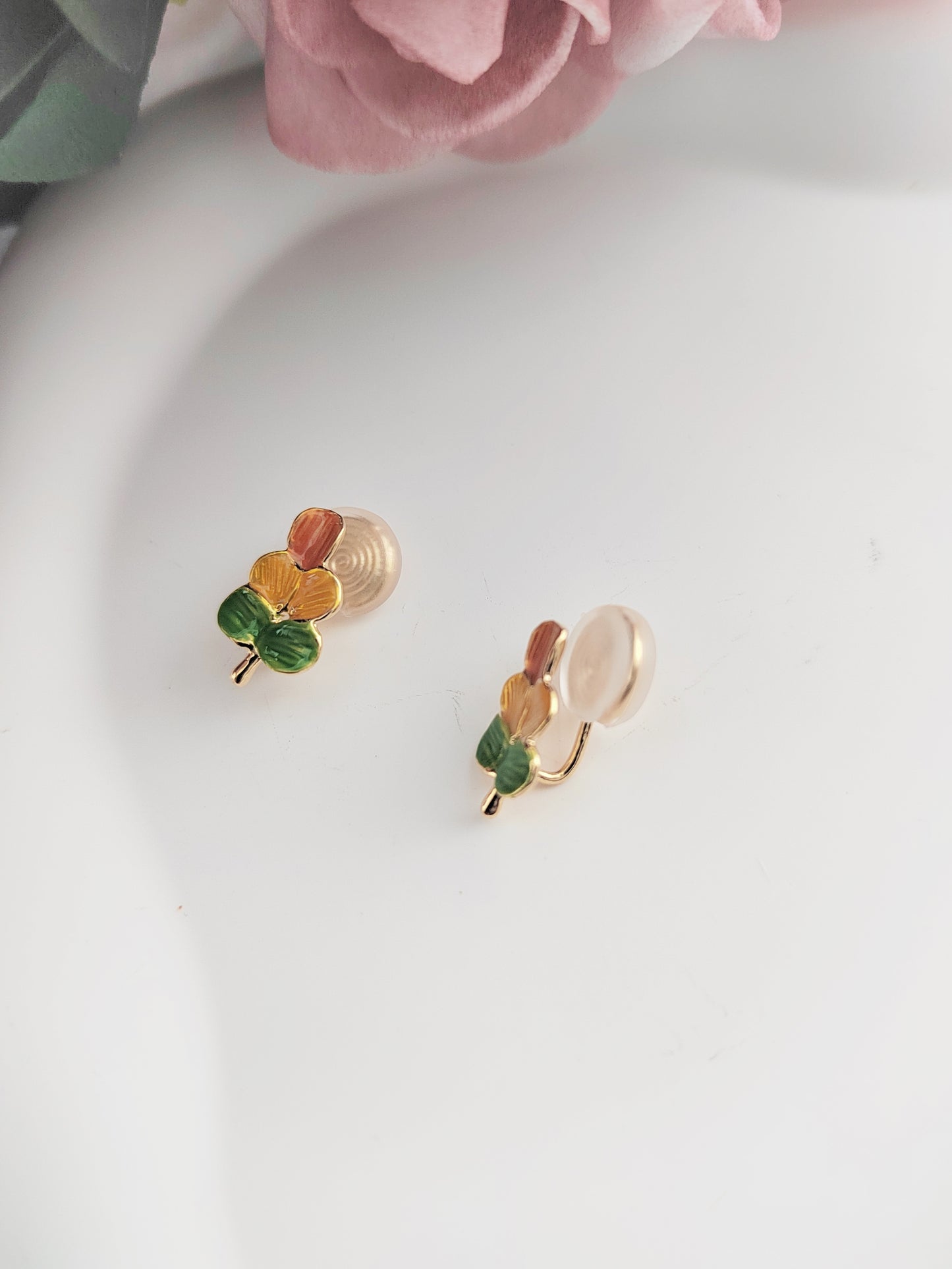 Colourful Enamel Leaf Clip-On Earrings –Stud Non-Pierced Ear Clips