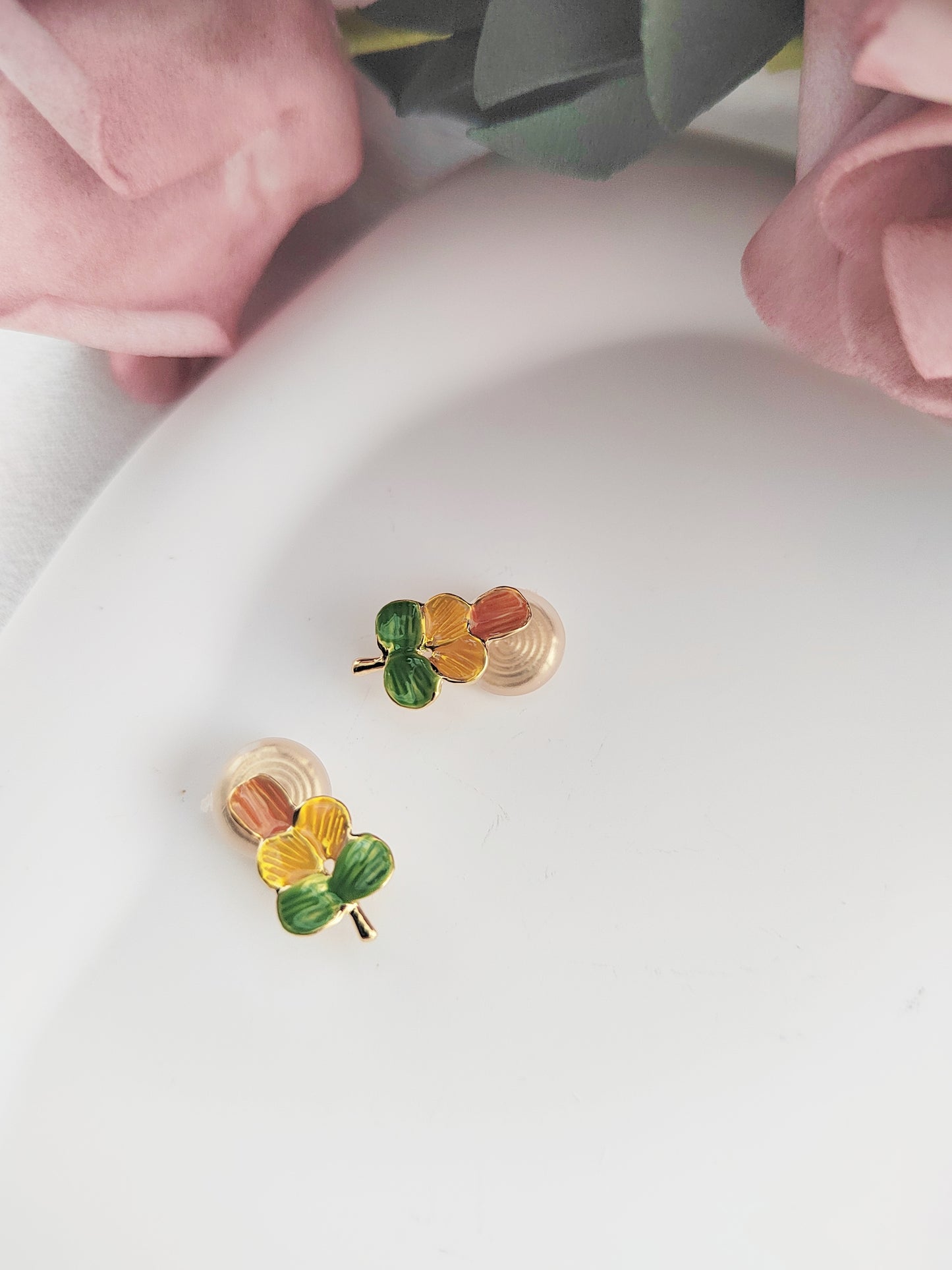 Colourful Enamel Leaf Clip-On Earrings –Stud Non-Pierced Ear Clips