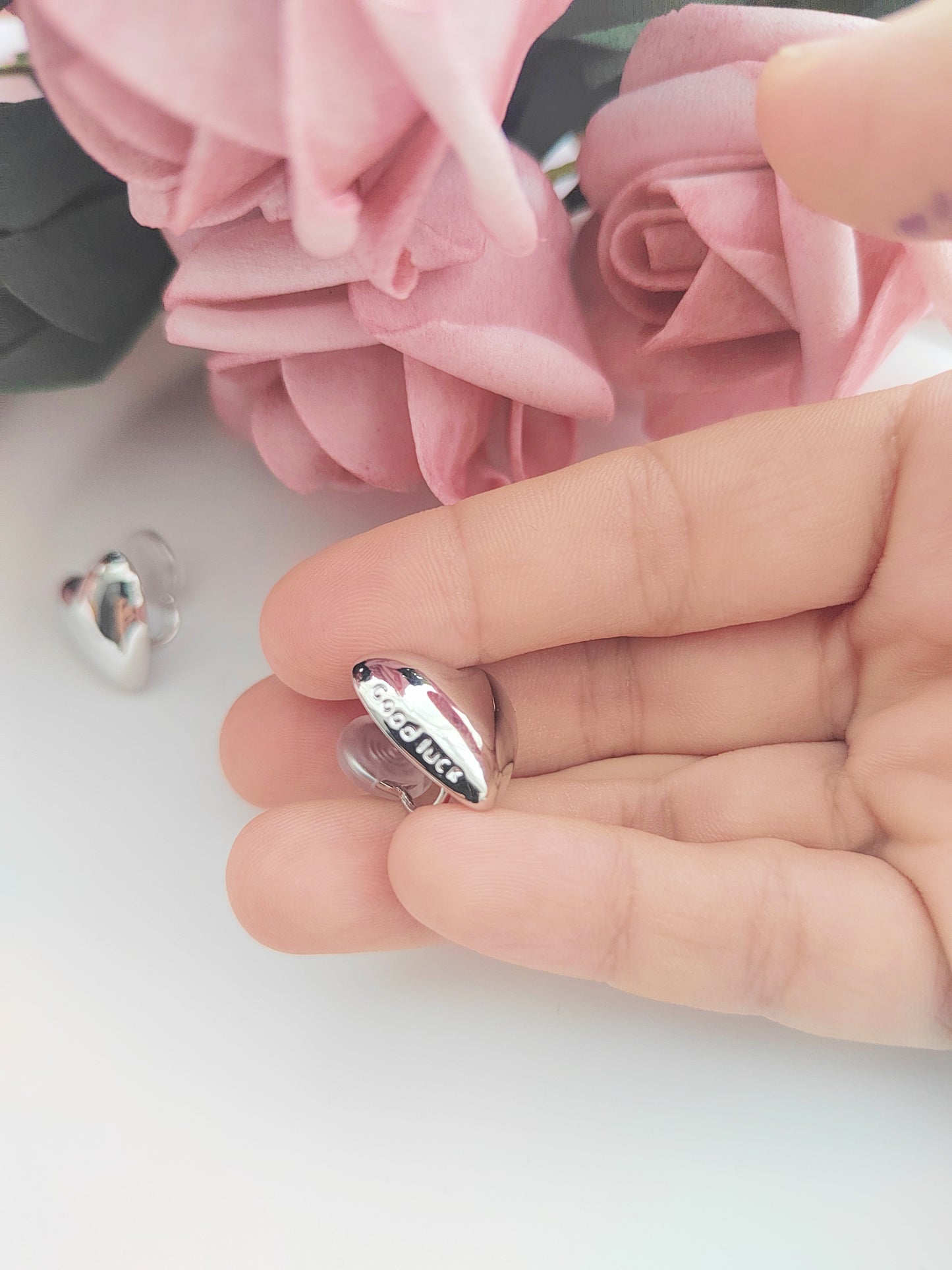 Silver Heart Clip-On Earrings-'Good Luck' Non-Pierced Ear Clips