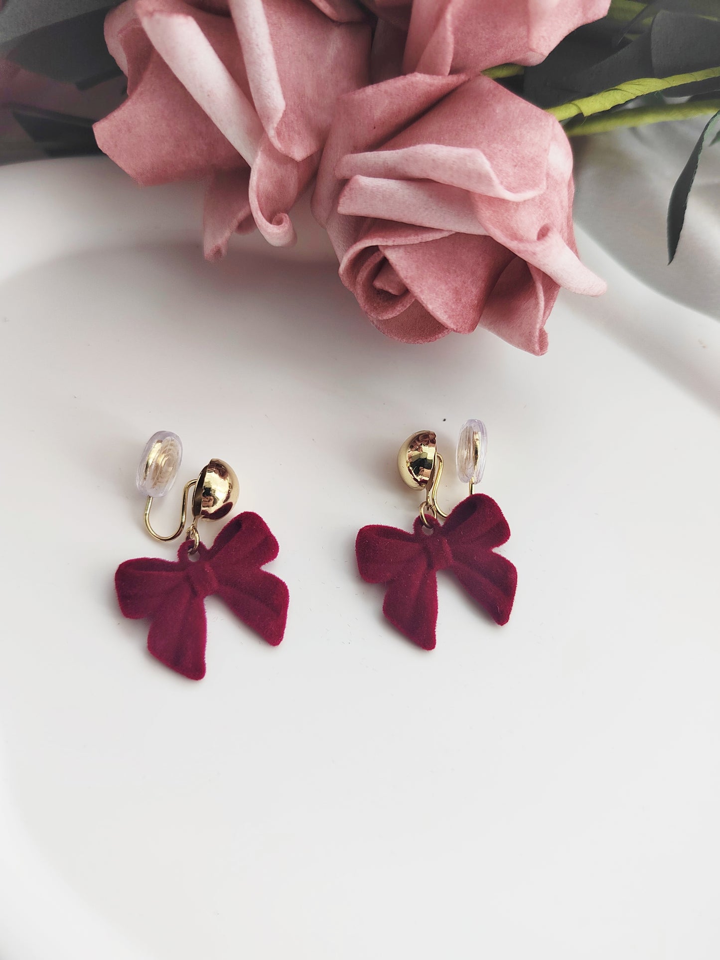 Red Velvet Bow Clip-On Earrings – Non-Pierced Ear Clips