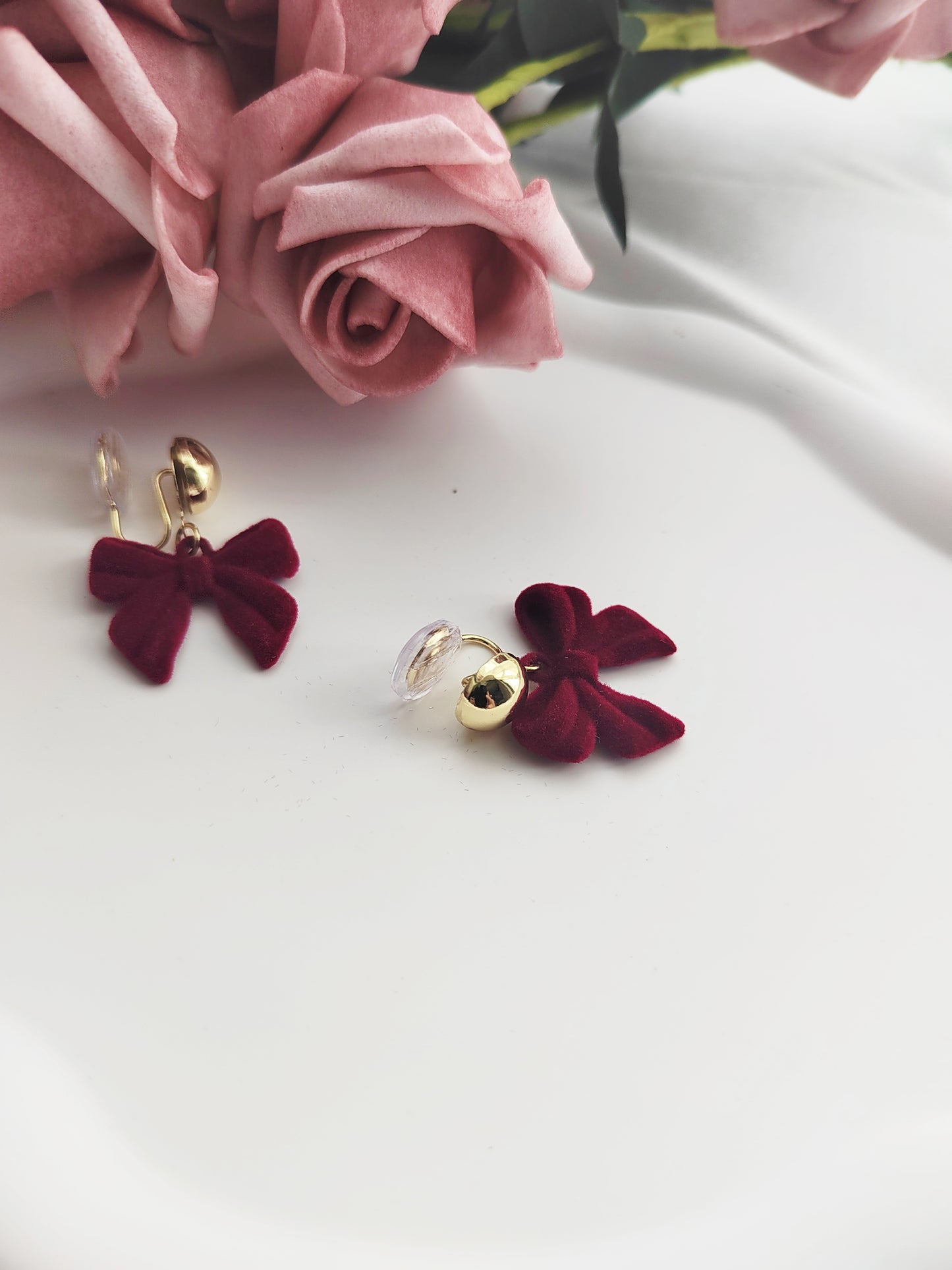 Red Velvet Bow Clip-On Earrings – Non-Pierced Ear Clips
