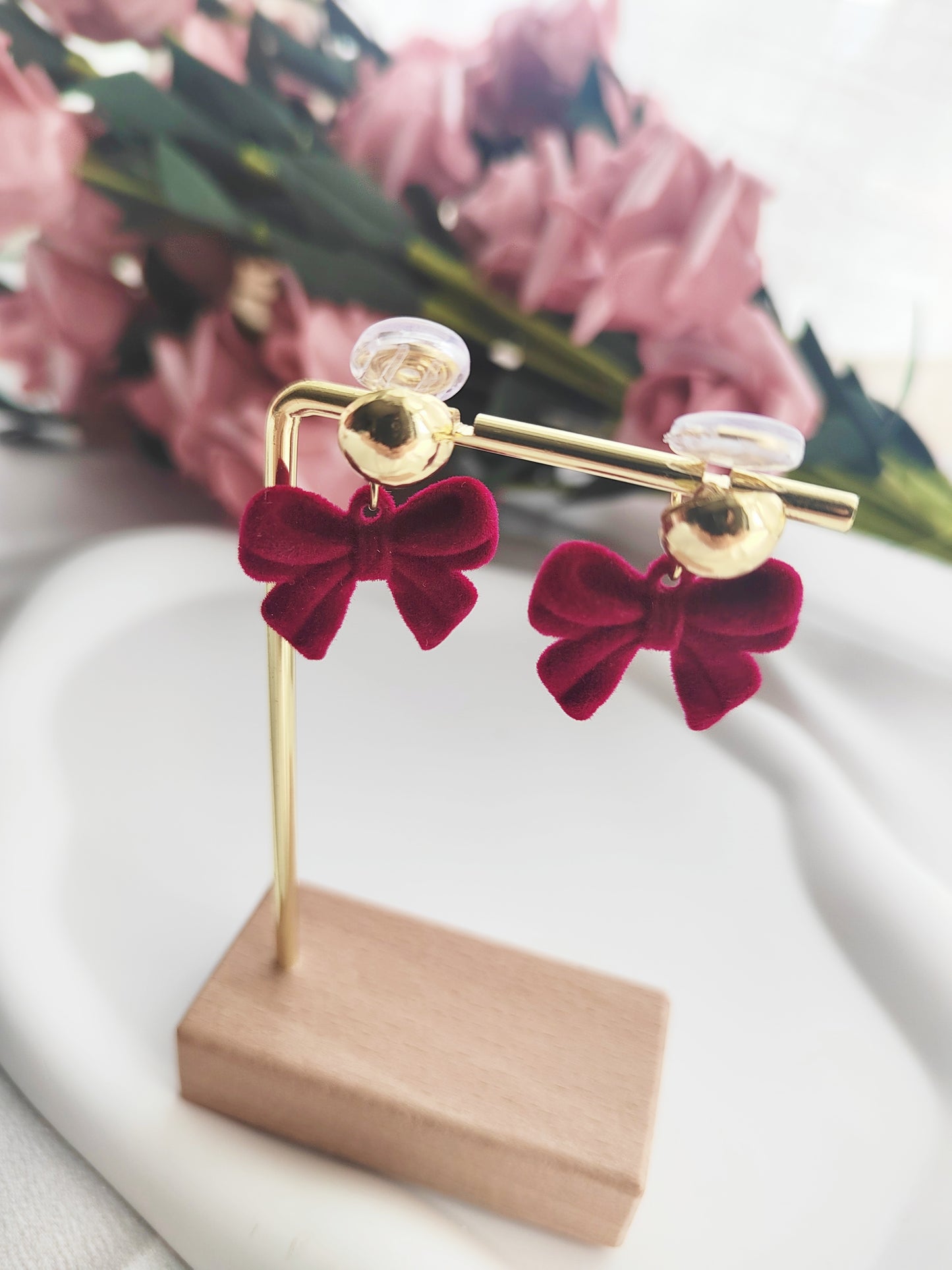 Red Velvet Bow Clip-On Earrings – Non-Pierced Ear Clips