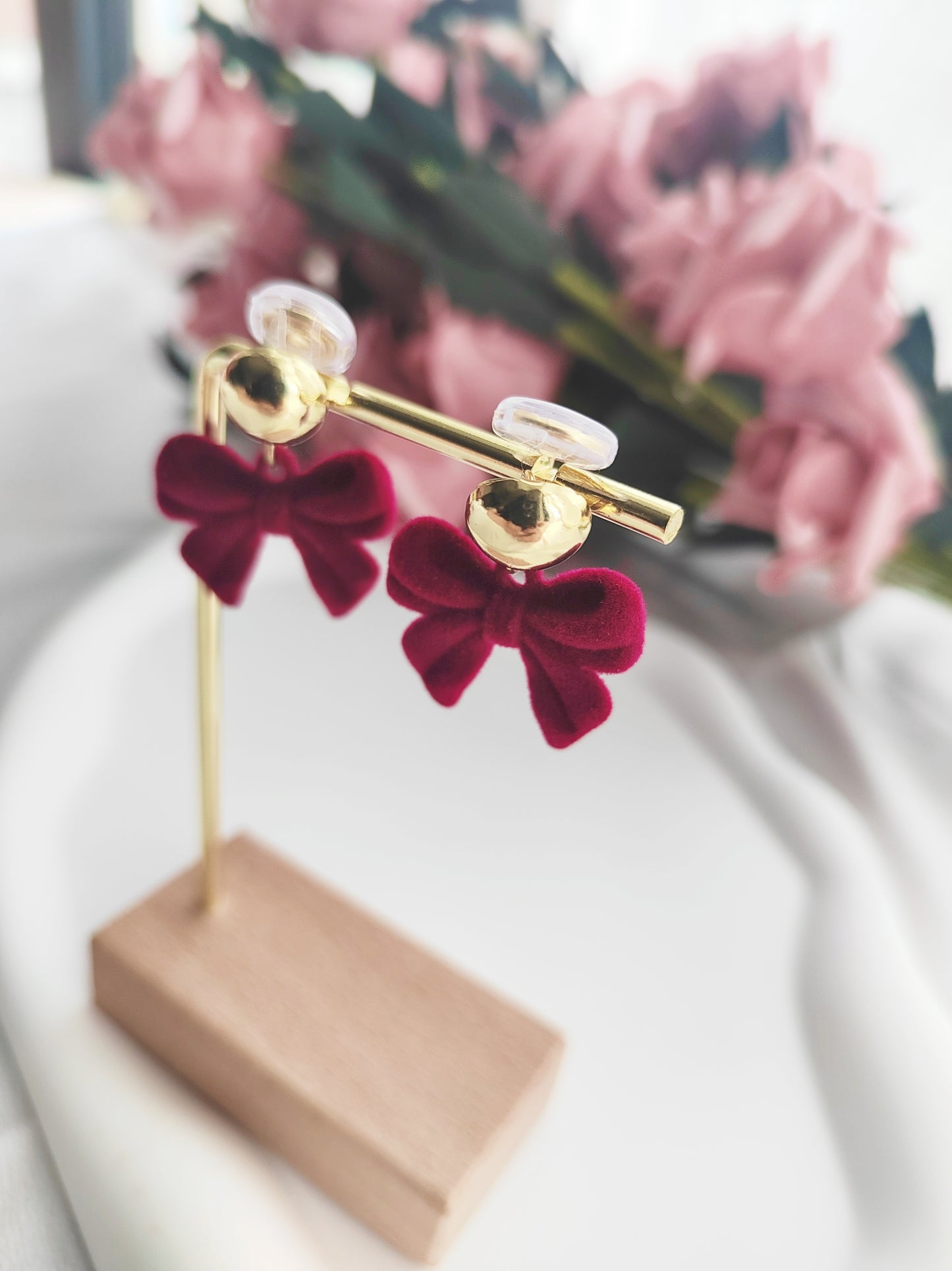 Red Velvet Bow Clip-On Earrings – Non-Pierced Ear Clips