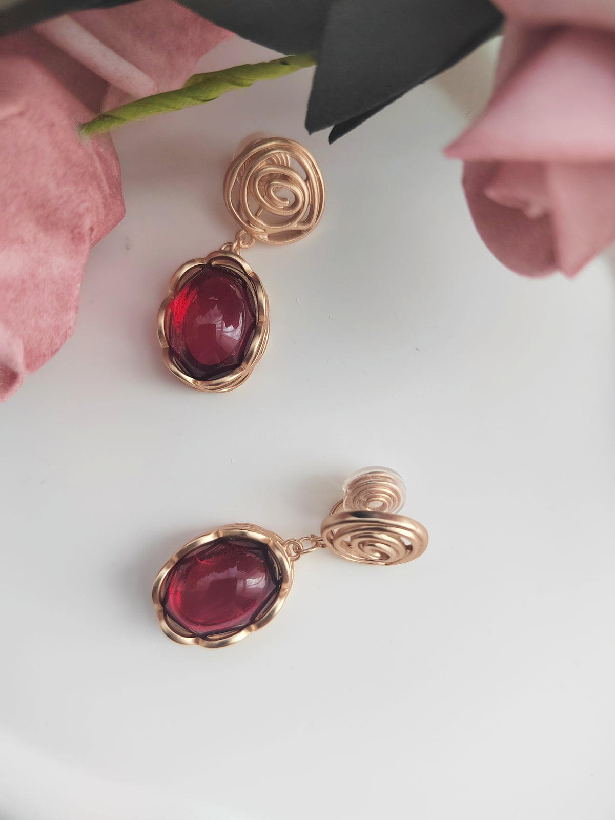 Ruby Drop Clip-On Earrings – Gold Rose Non-Pierced Ear Clips