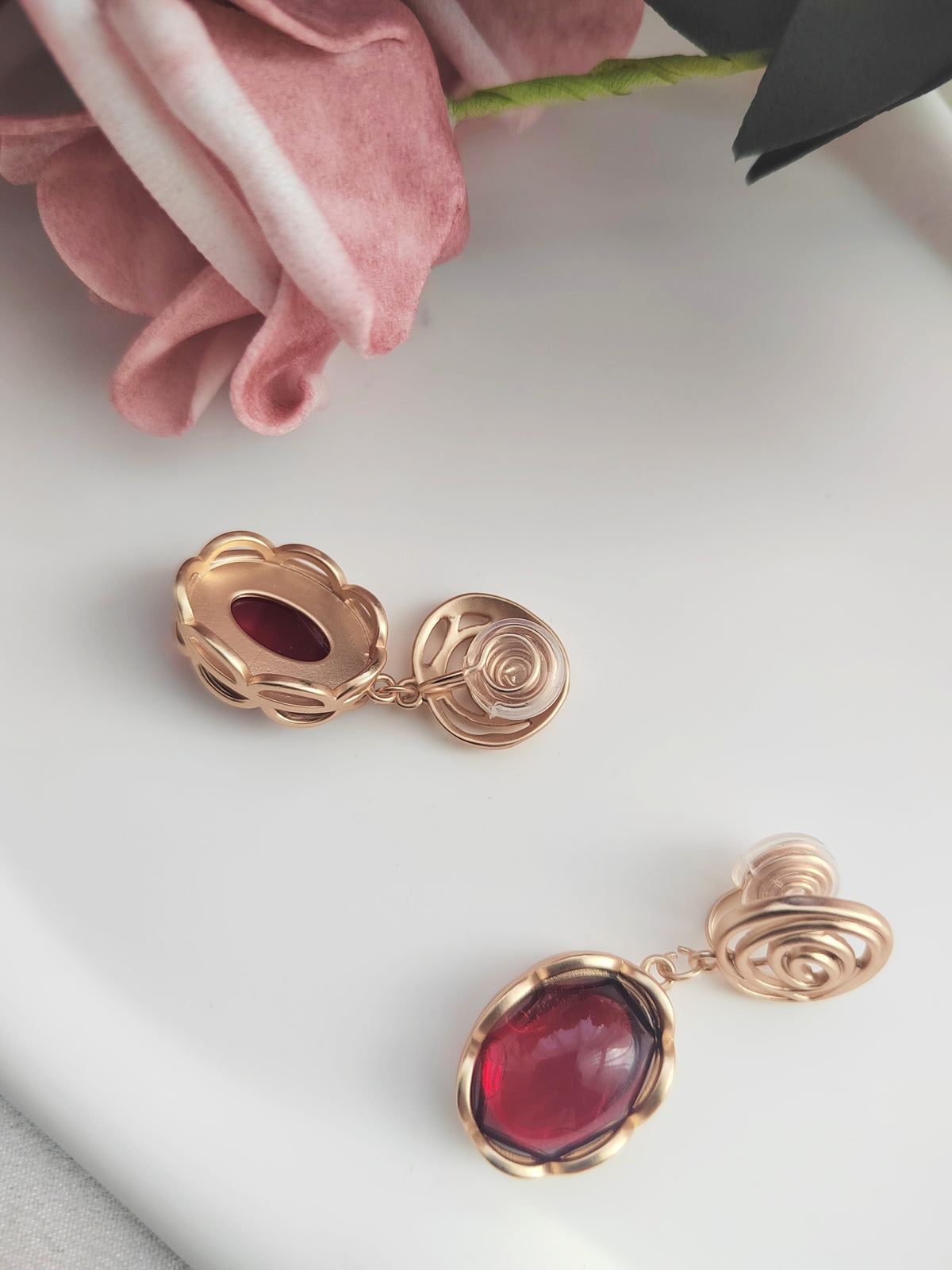 Ruby Drop Clip-On Earrings – Gold Rose Non-Pierced Ear Clips