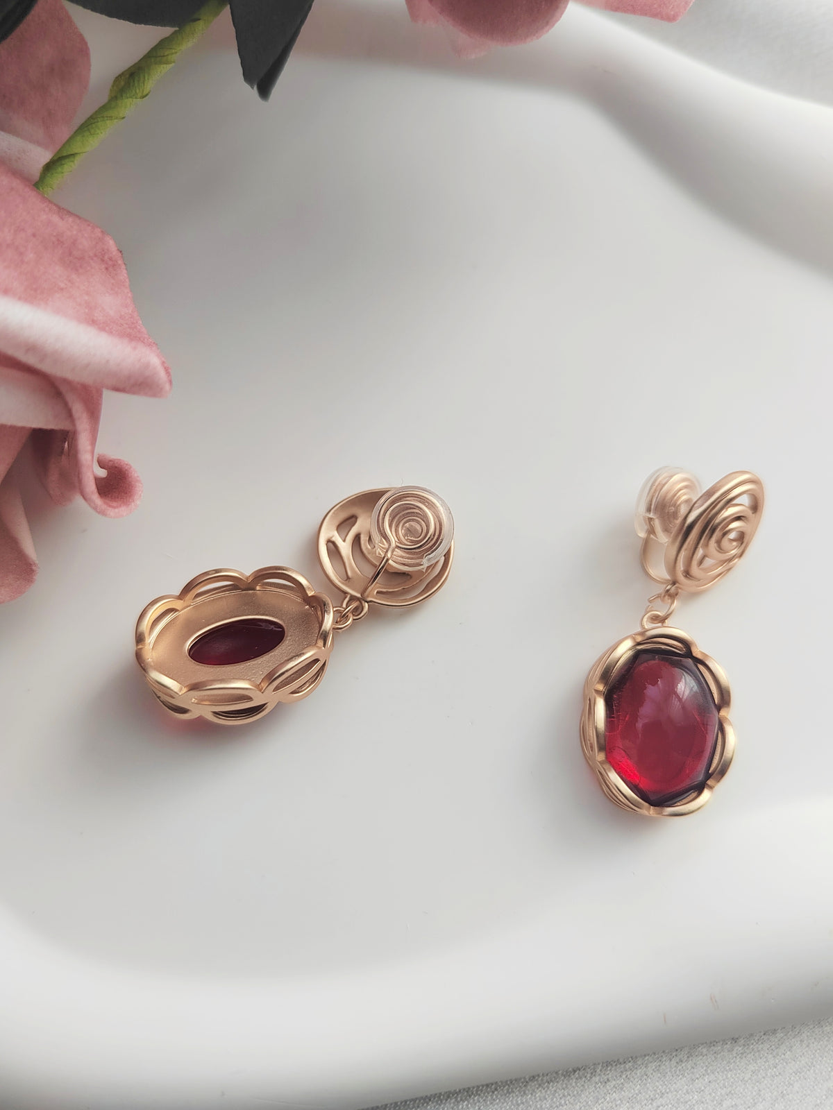Ruby Drop Clip-On Earrings – Gold Rose Non-Pierced Ear Clips