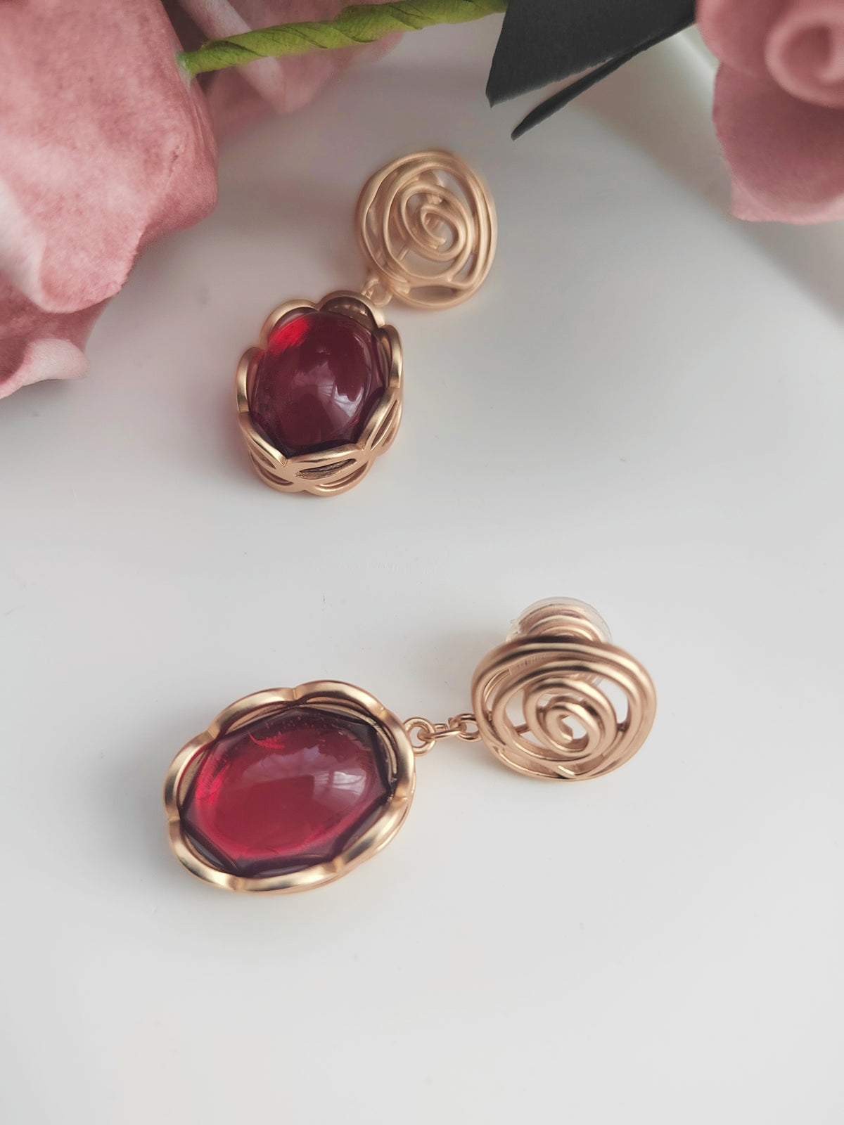 Ruby Drop Clip-On Earrings – Gold Rose Non-Pierced Ear Clips