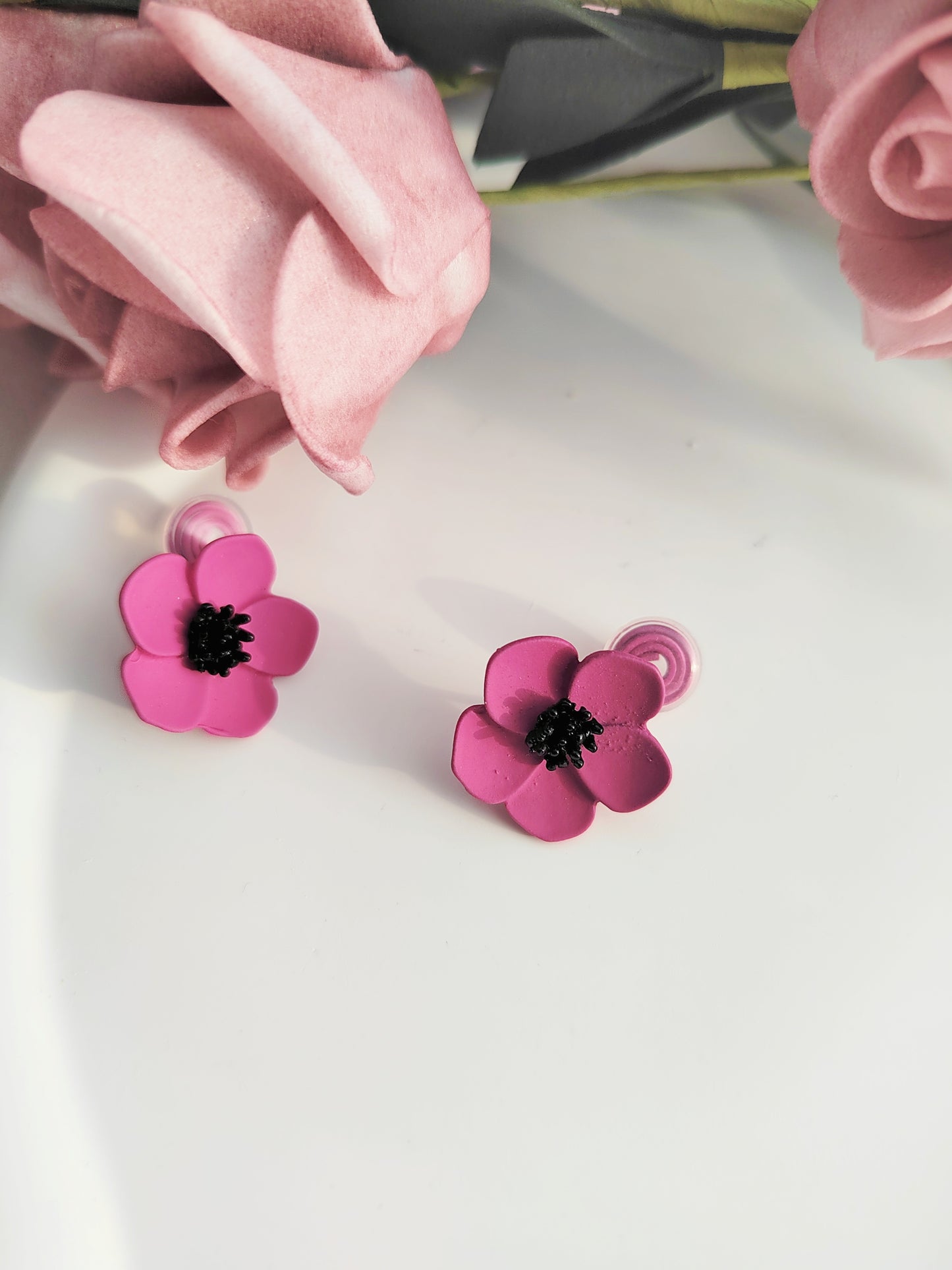 Pink Flower Clip-On Earrings – Baked Enamel Stud Non-Pierced Ear Clips
