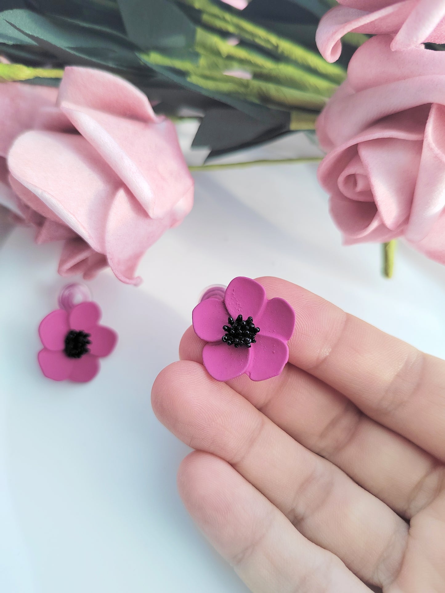 Pink Flower Clip-On Earrings – Baked Enamel Stud Non-Pierced Ear Clips